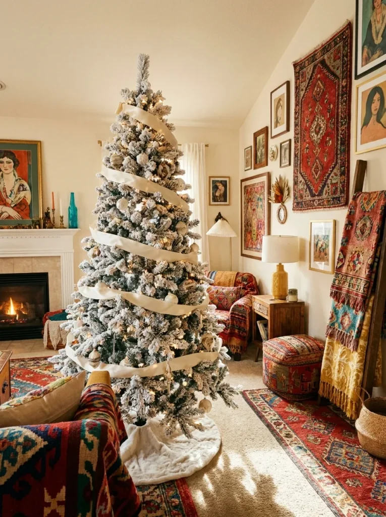 All-white Christmas tree in a warm colorful living room