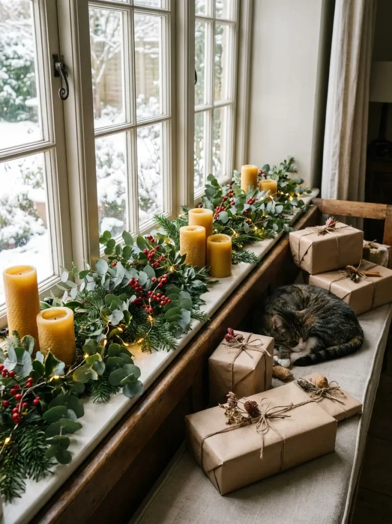 Window seat styled with garland, candles, and wrapped gifts