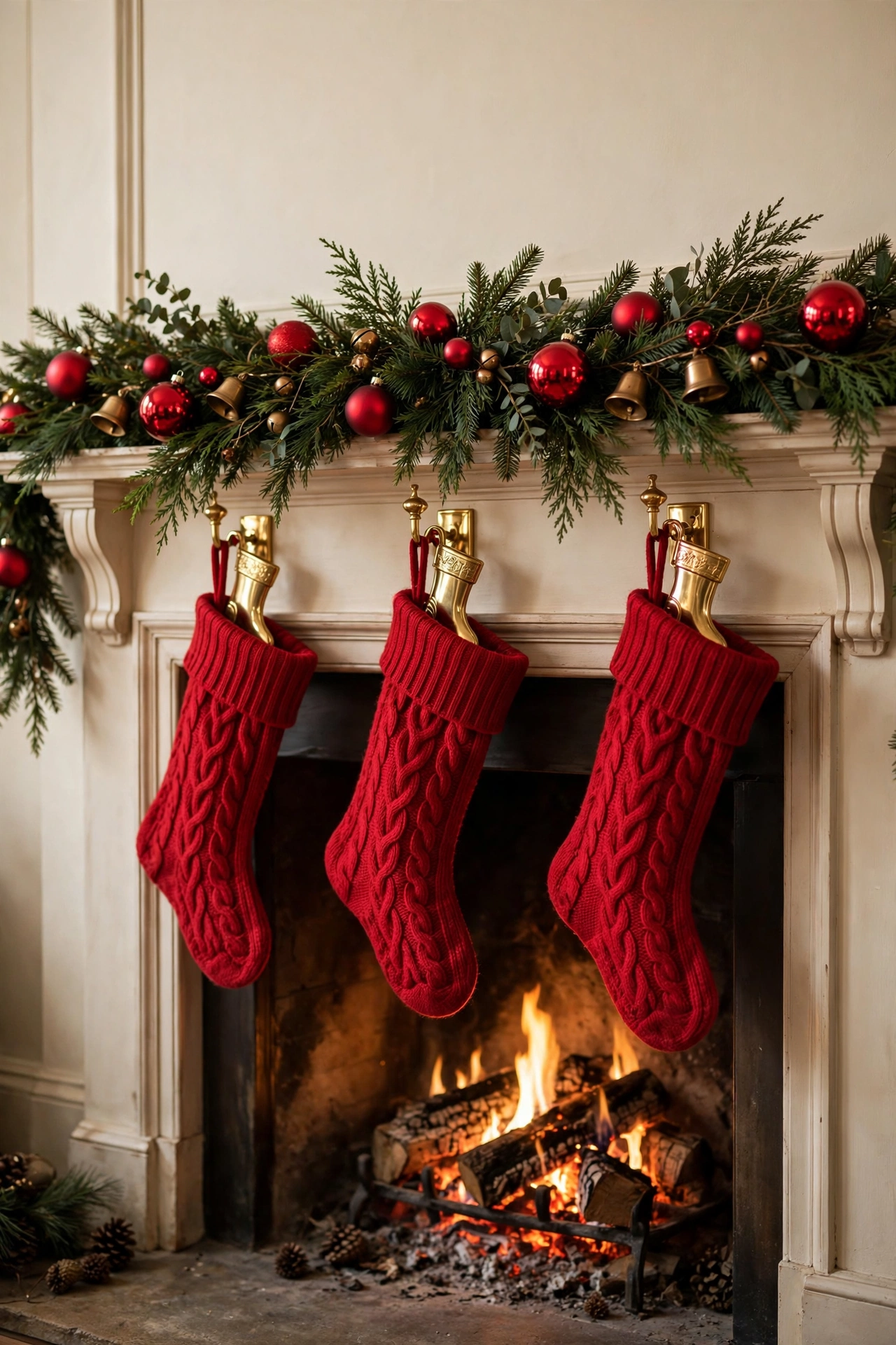 Traditional Christmas fireplace mantel with lush green garland, red baubles and brass bells, red knit stockings on gold holders