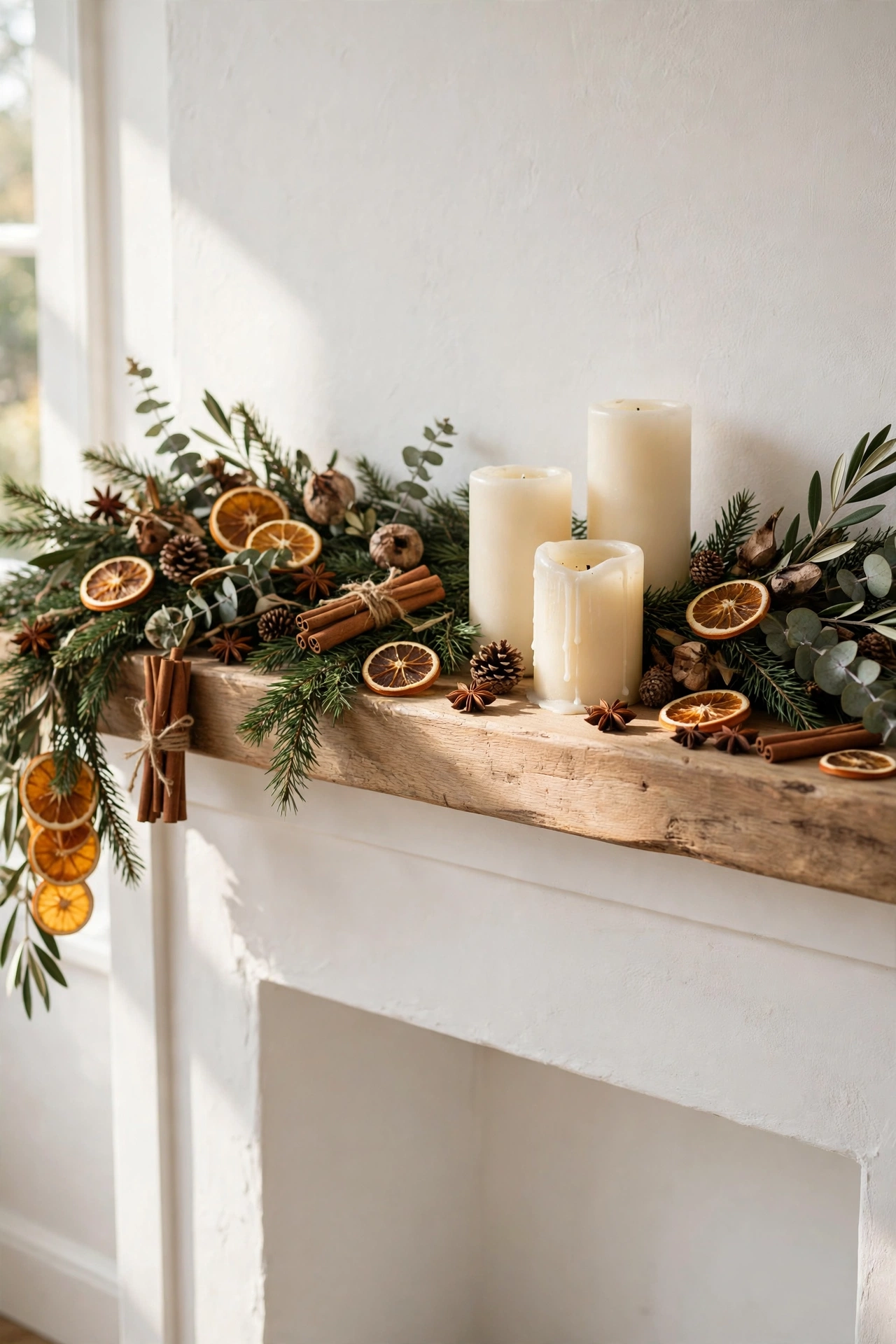 Natural Christmas mantel with evergreen garland, dried orange slices, cinnamon sticks and cream candles