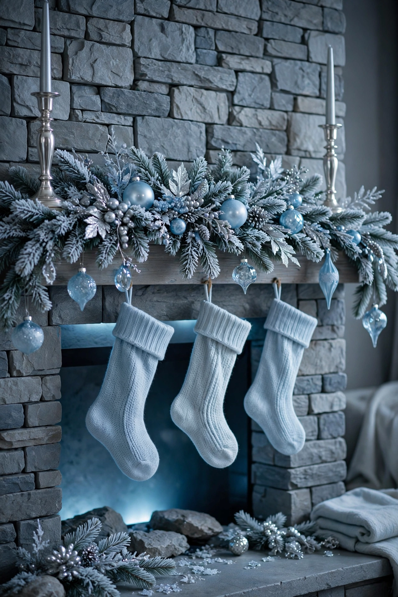 Icy blue and silver Christmas mantel with frosted garland, blue glass ornaments and silver candlesticks