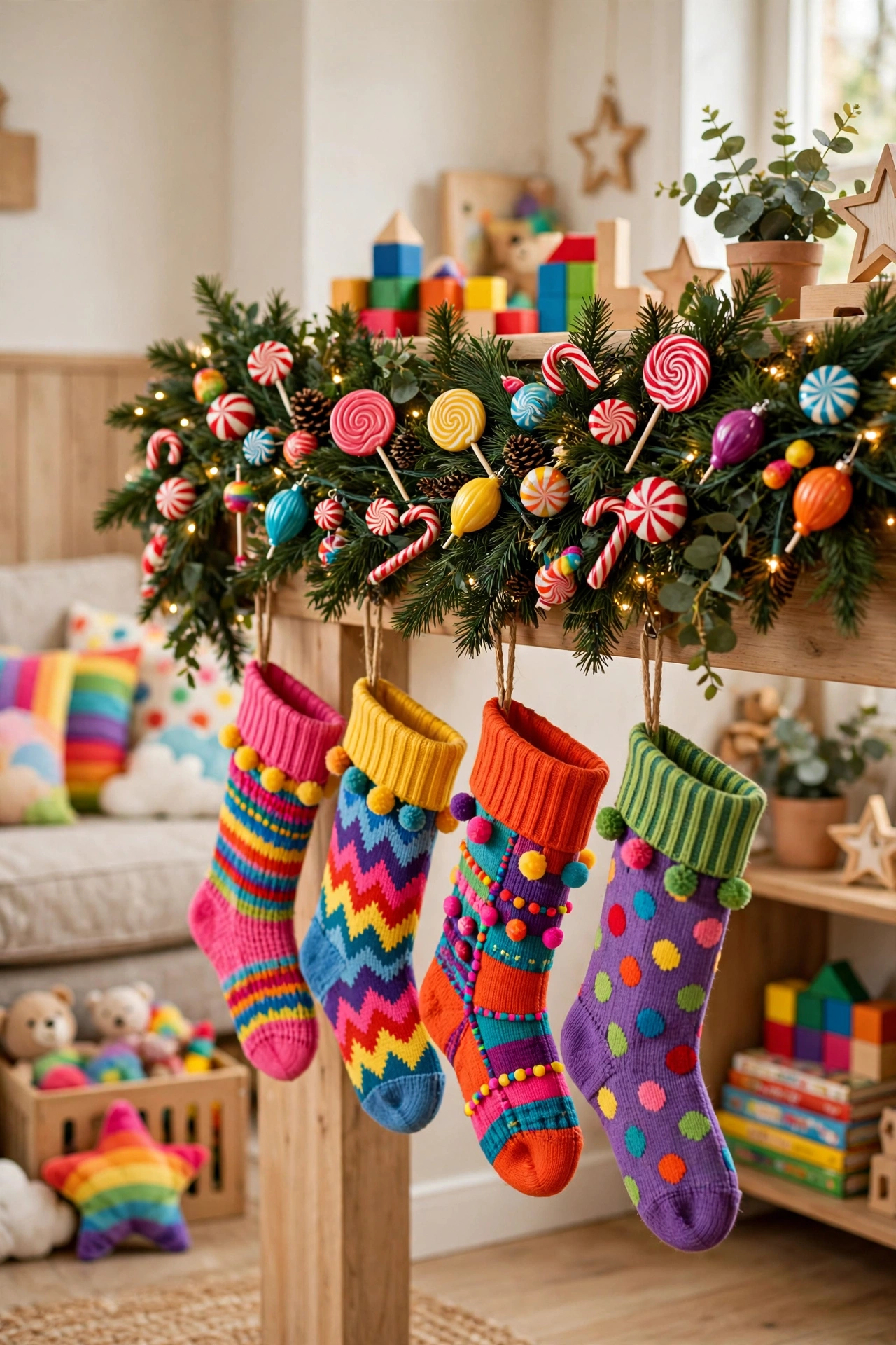 Playful kids Christmas mantel with candy ornaments, colorful stockings and twinkle lights
