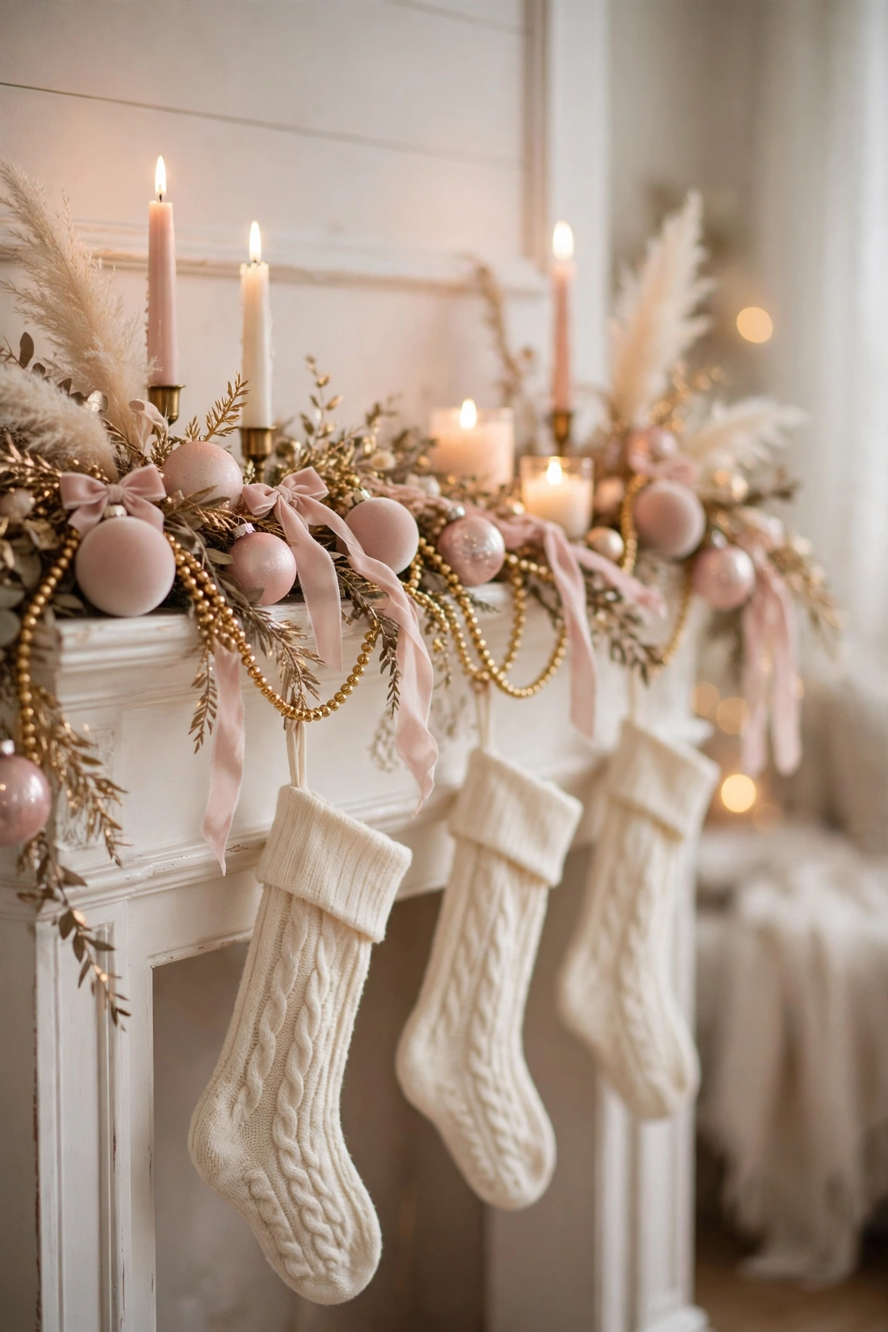 Romantic champagne and blush Christmas mantel with pink ornaments, gold garland and glowing candles