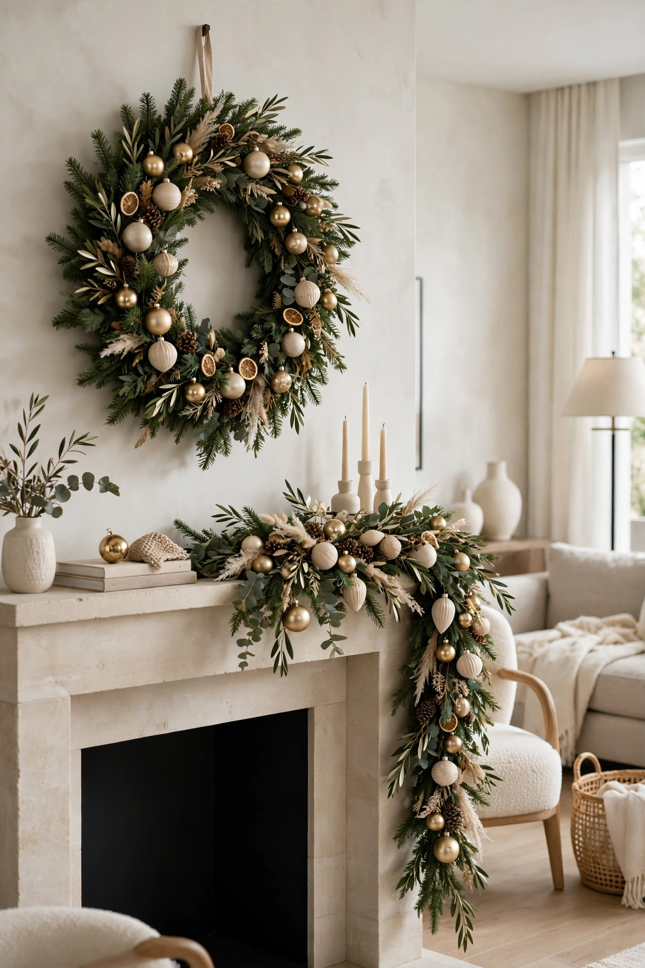 Modern asymmetrical Christmas mantel with off-center wreath and cascading garland on one side