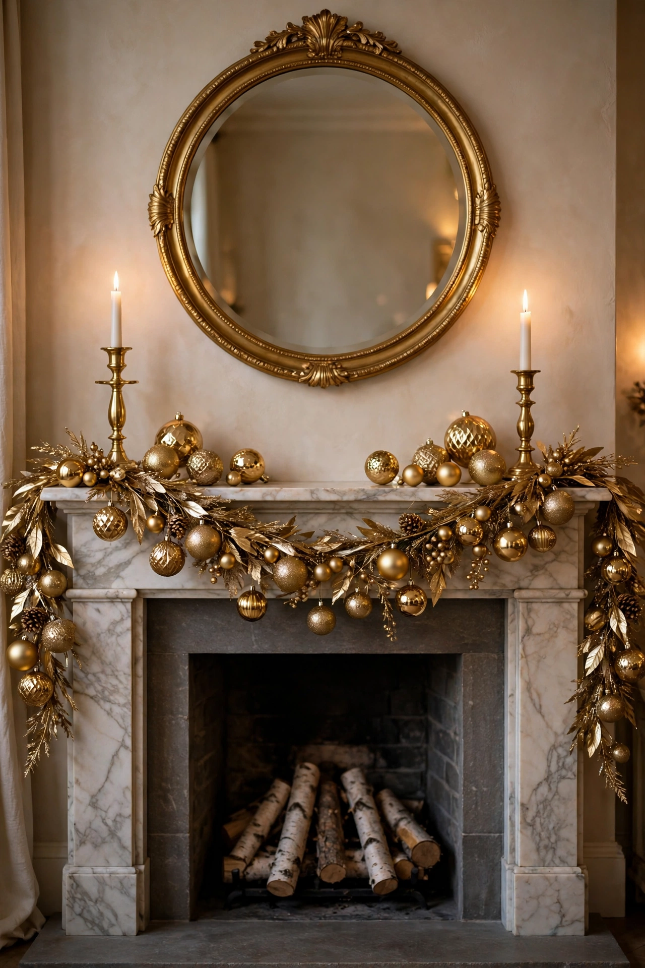 Glamorous gold Christmas mantel with gold garland, shimmering ornaments and tall lit gold candlesticks
