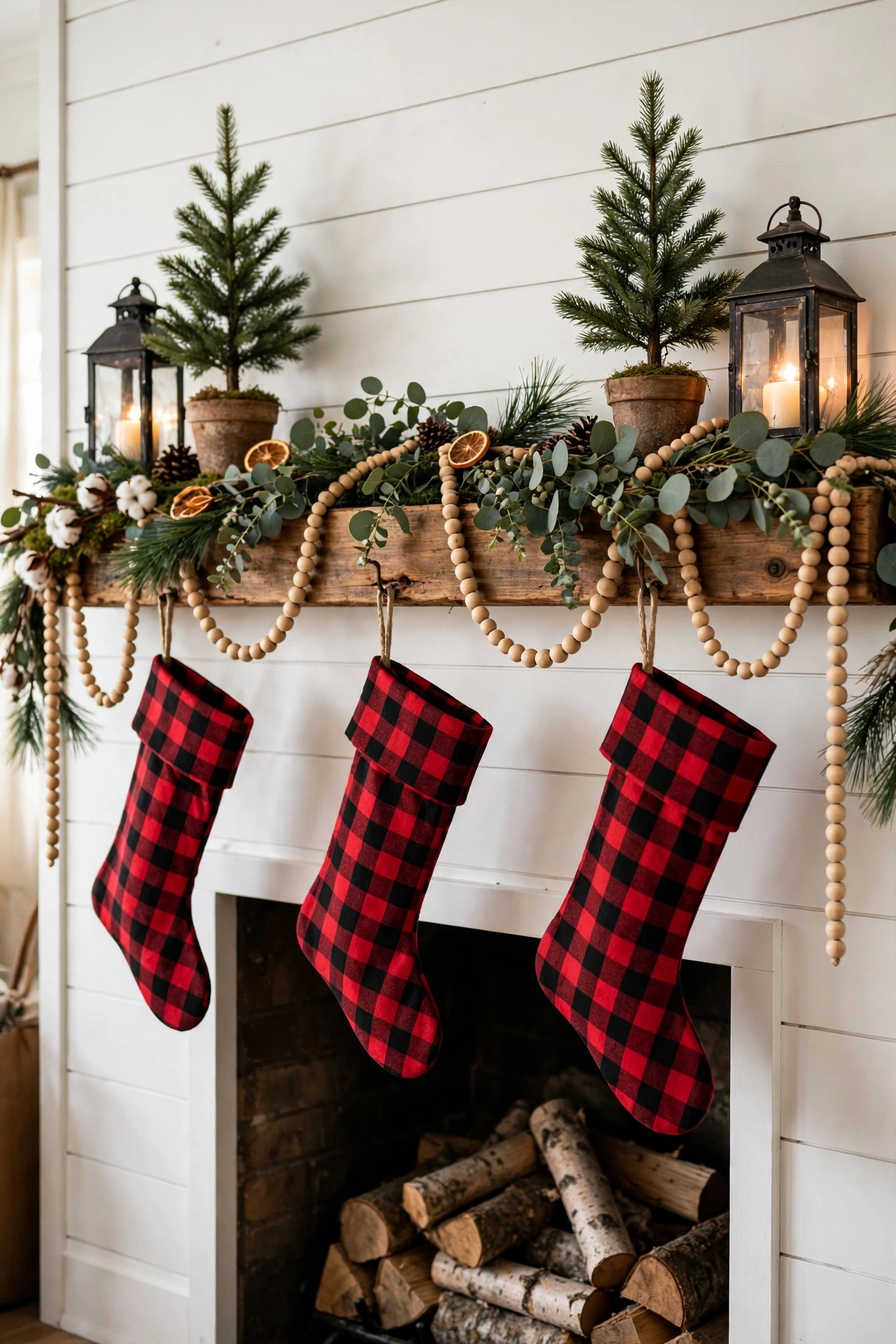 Farmhouse Christmas mantel on white shiplap with eucalyptus garland, wood bead strands and buffalo check stockings