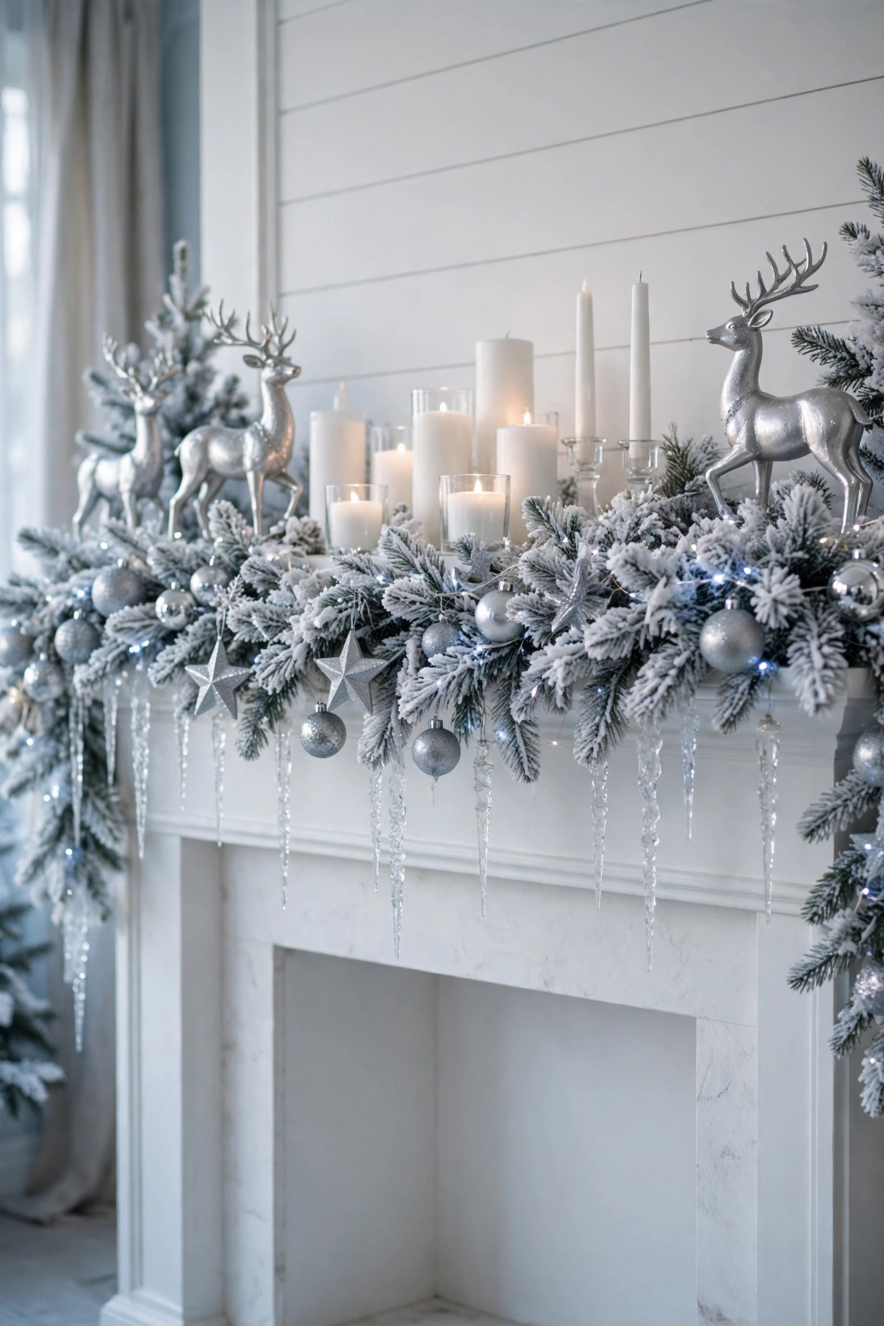 Elegant white and silver Christmas mantel with frosted garland, silver ornaments and crystal icicles