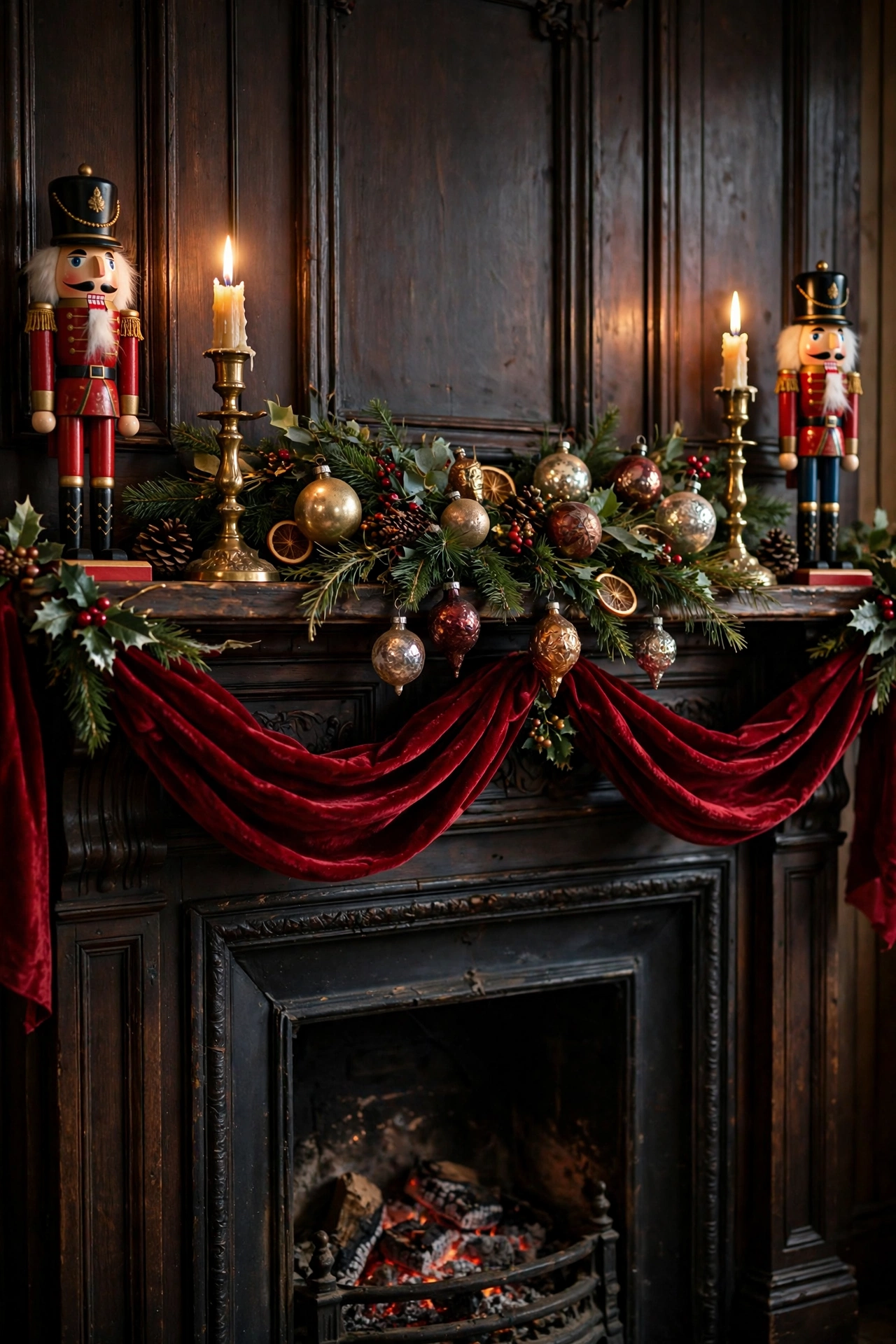 Traditional Victorian Christmas mantel with wooden nutcracker soldiers, red velvet ribbon and vintage ornaments
