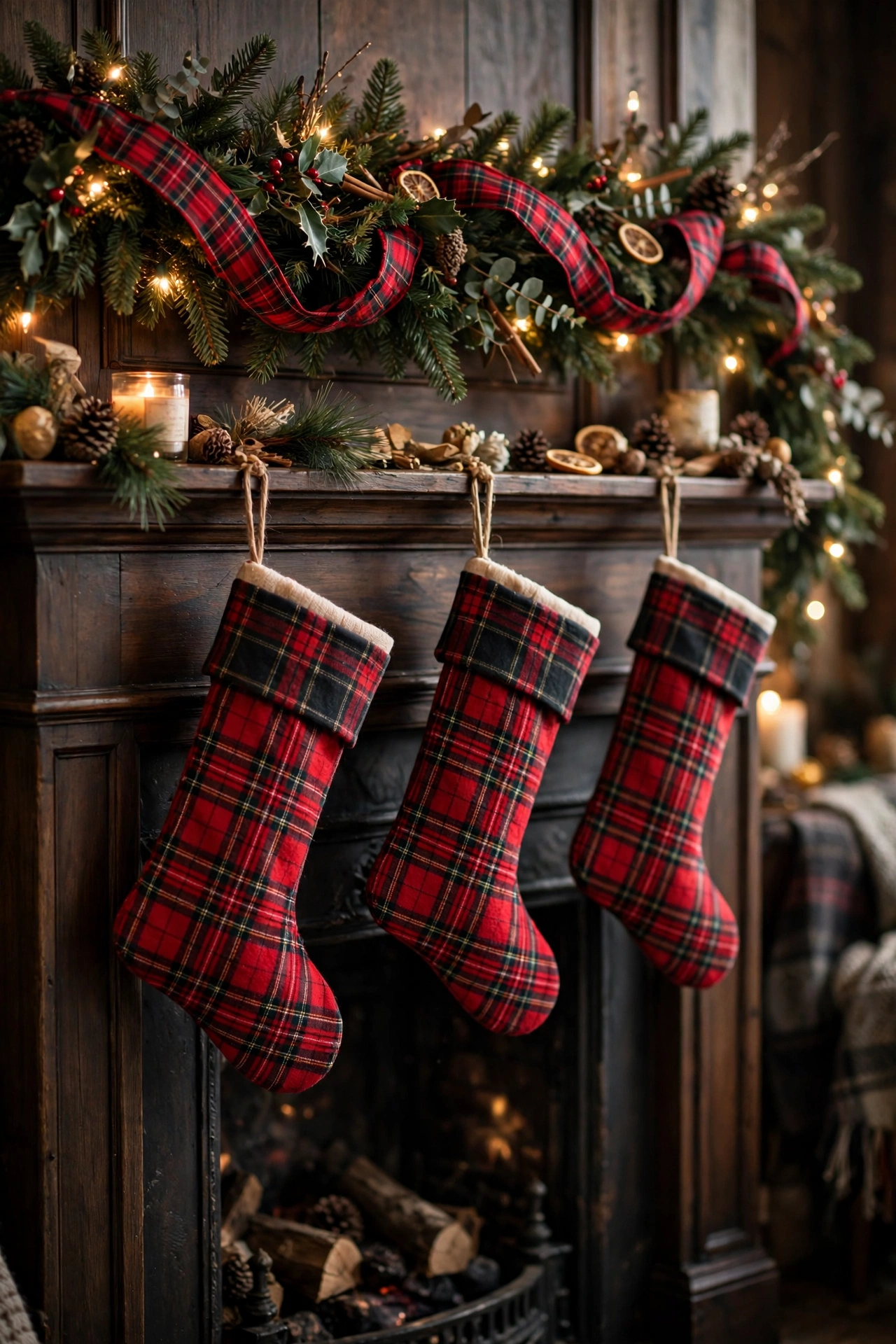 Cozy plaid Christmas mantel with tartan ribbon woven through garland, plaid stockings and warm string lights