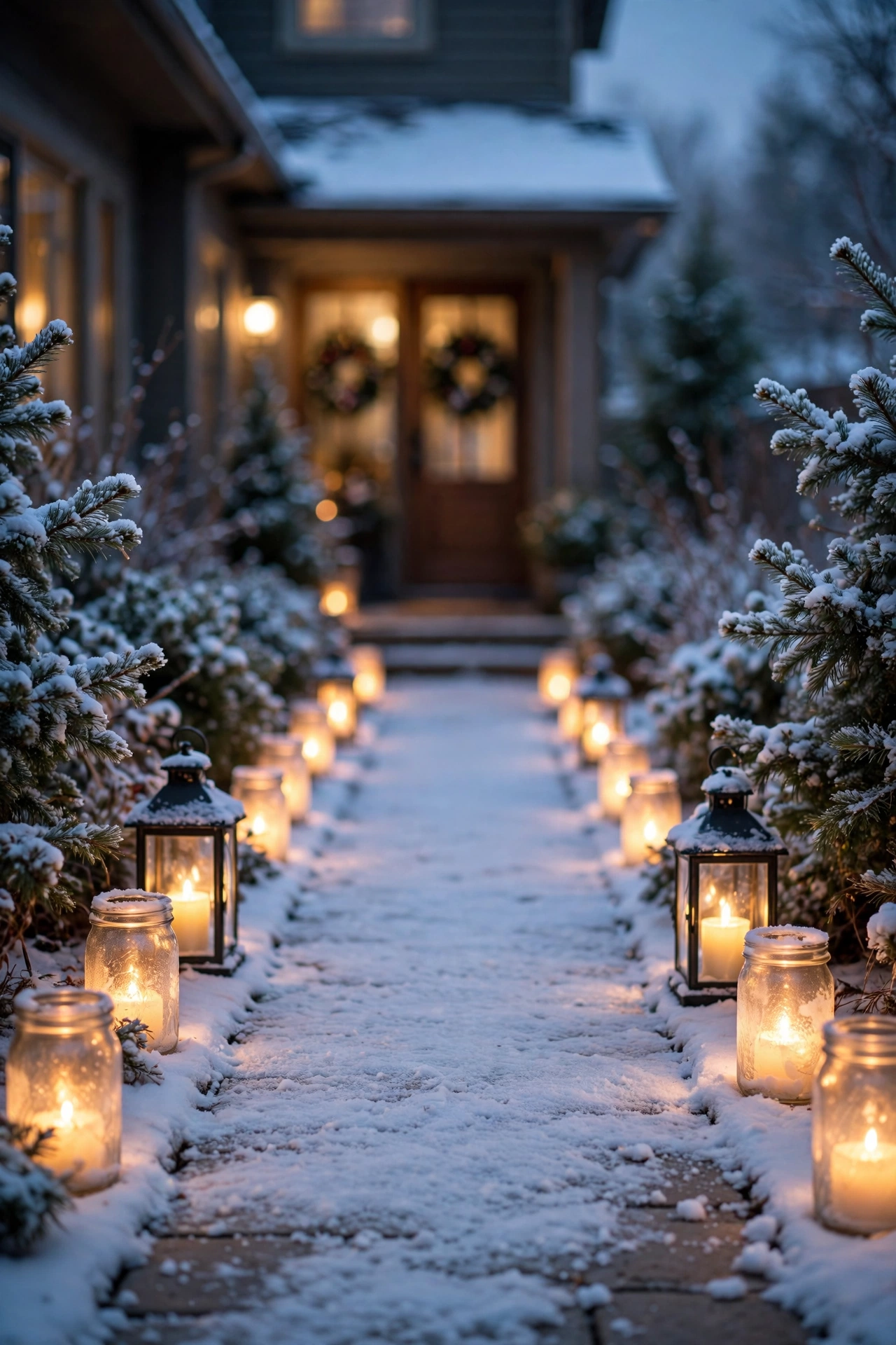 Glowing luminaries lining a snowy front walkway at dusk, Christmas outdoor decor ideas in action