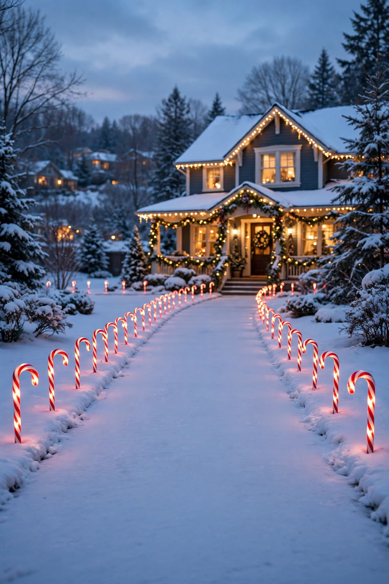 Candy cane stake lights lining a snowy driveway at dusk, outdoor Christmas lights display