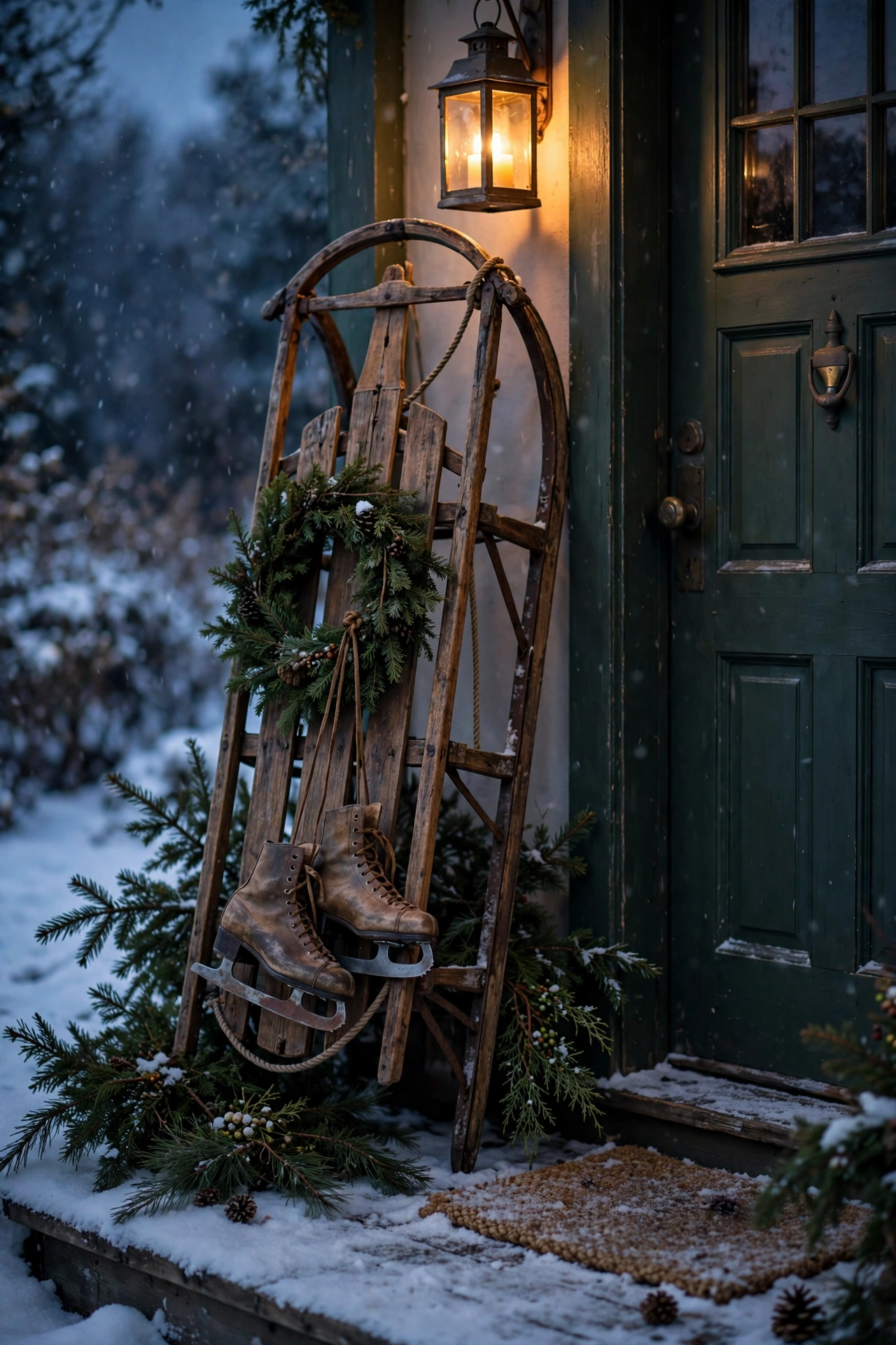 Vintage wooden sled with ice skates and evergreen sprigs leaning beside a front door