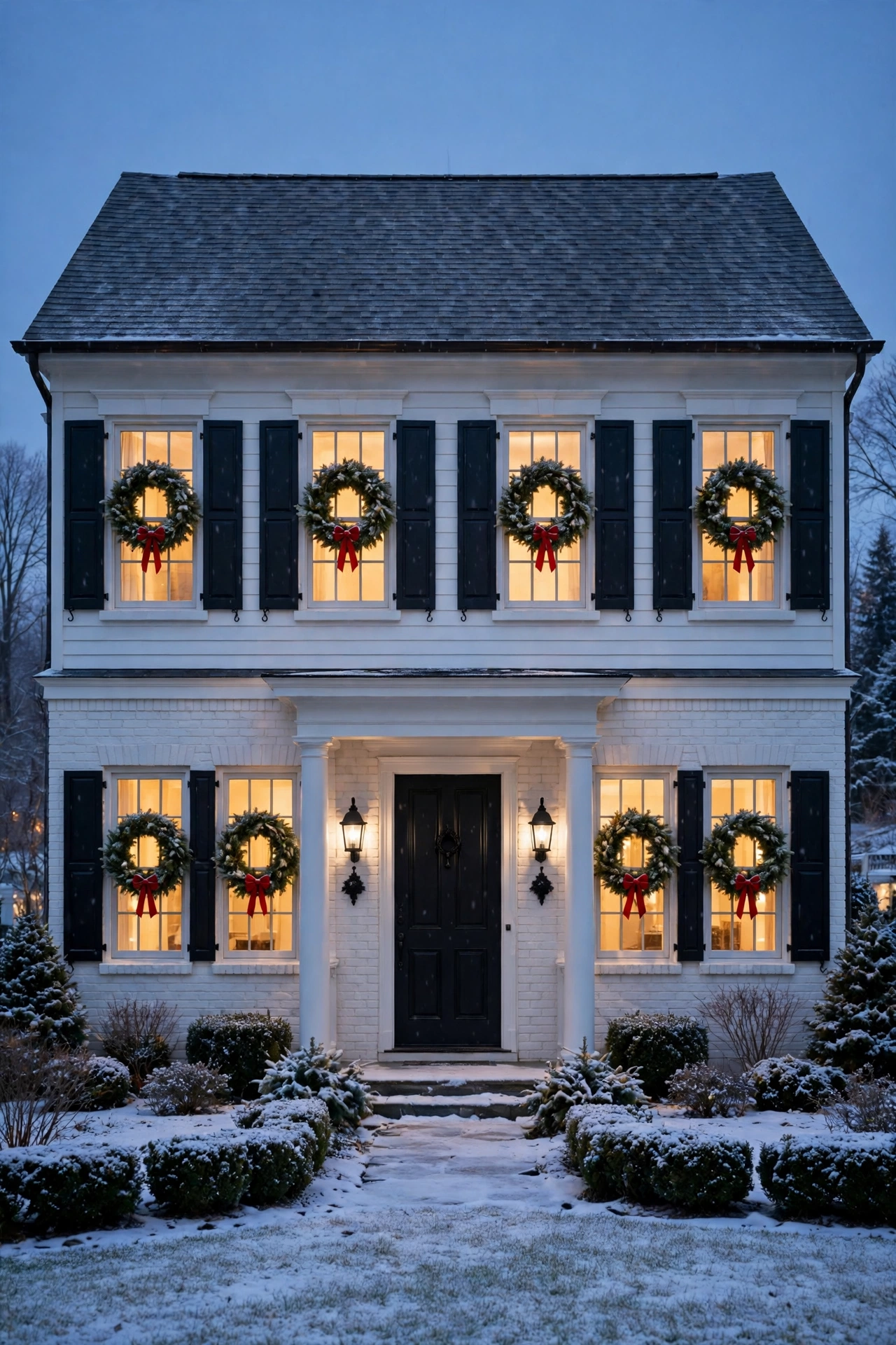Christmas wreaths with red bows hanging in every window of a house at dusk