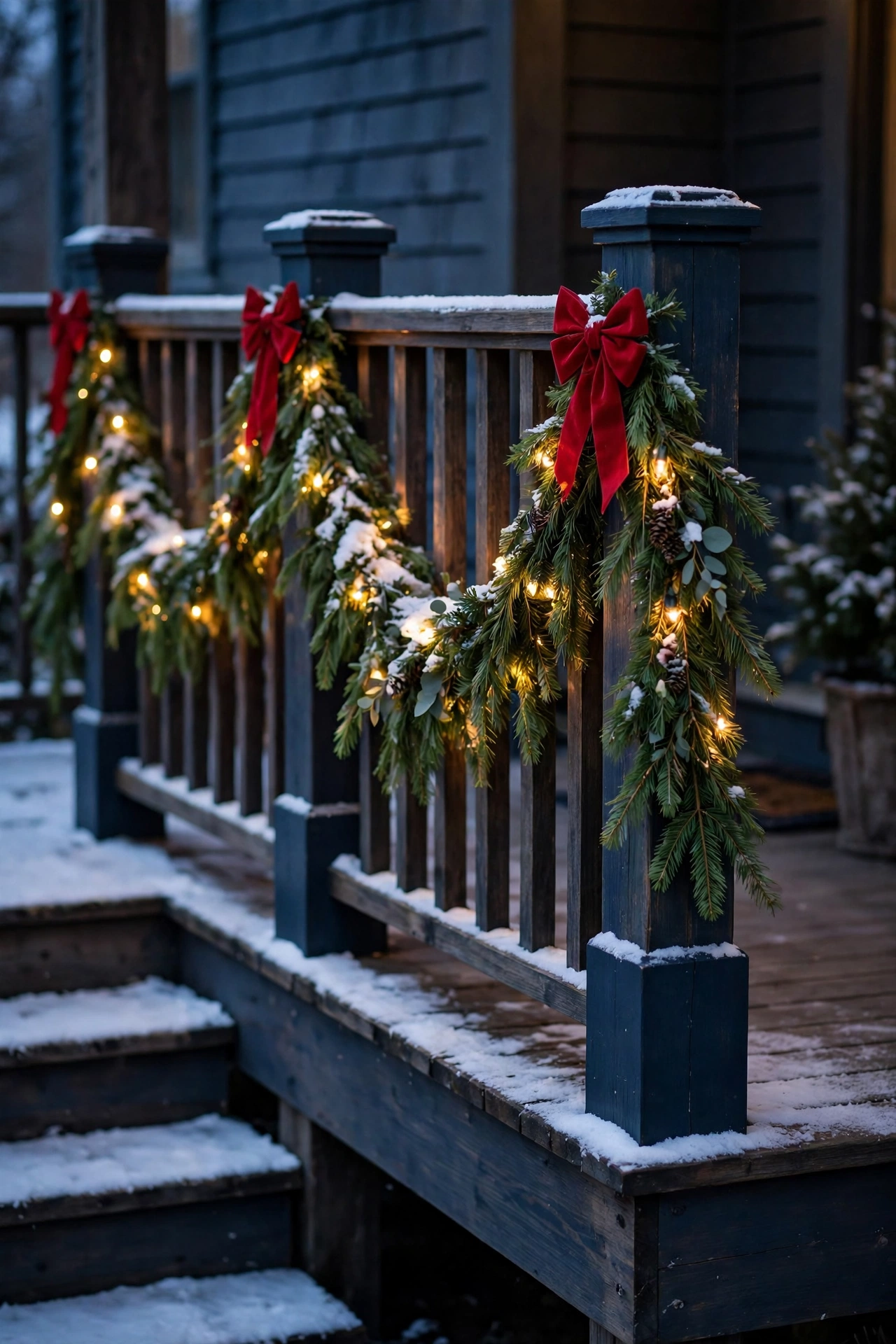 Lighted evergreen garland draped along a porch railing with warm white lights
