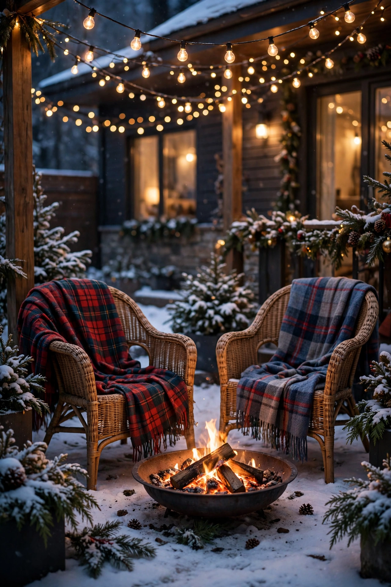 Outdoor fire bowl glowing in a snowy backyard corner with string lights and cozy seating