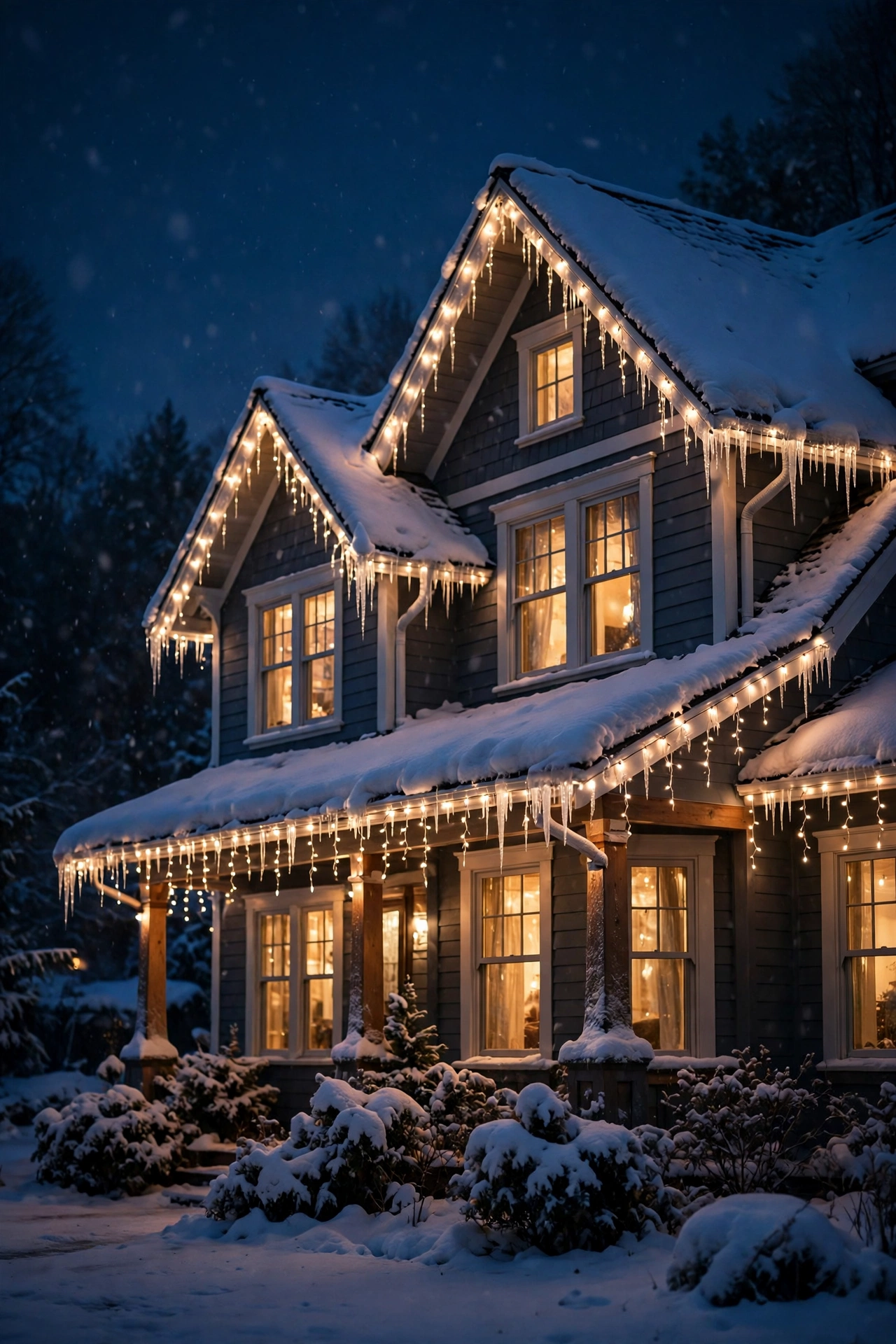 Icicle Christmas lights hanging along the roofline of a snowy house at night