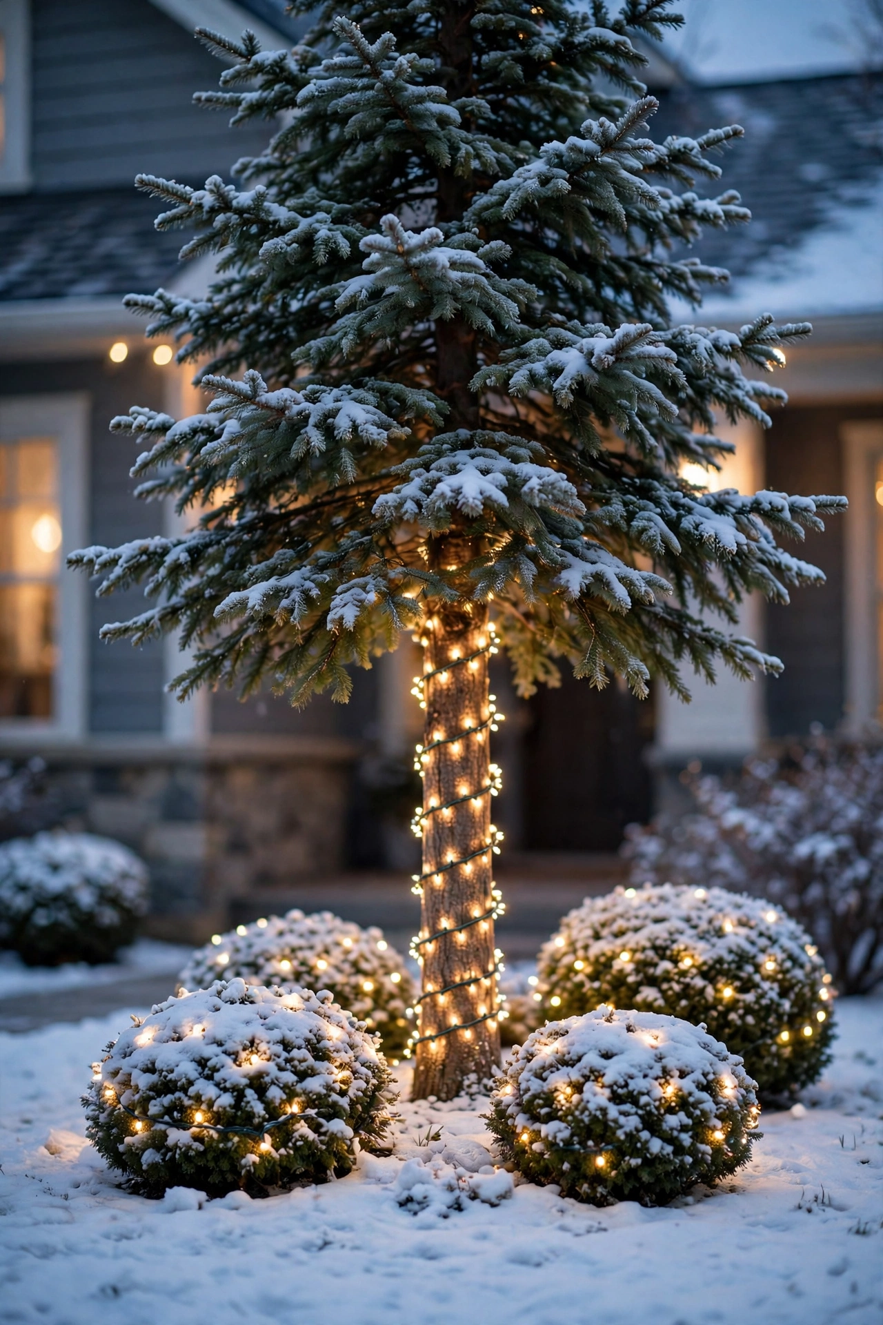 Evergreen trees and shrubs wrapped in warm white Christmas lights in a snowy front yard