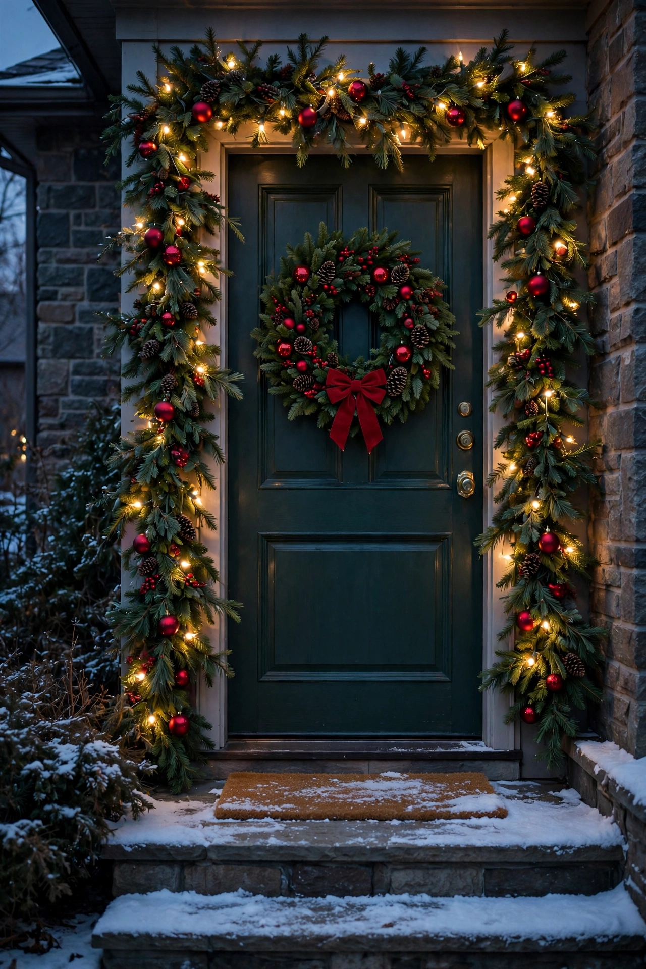 Front door framed with lighted evergreen garland, red ornaments and a Christmas wreath
