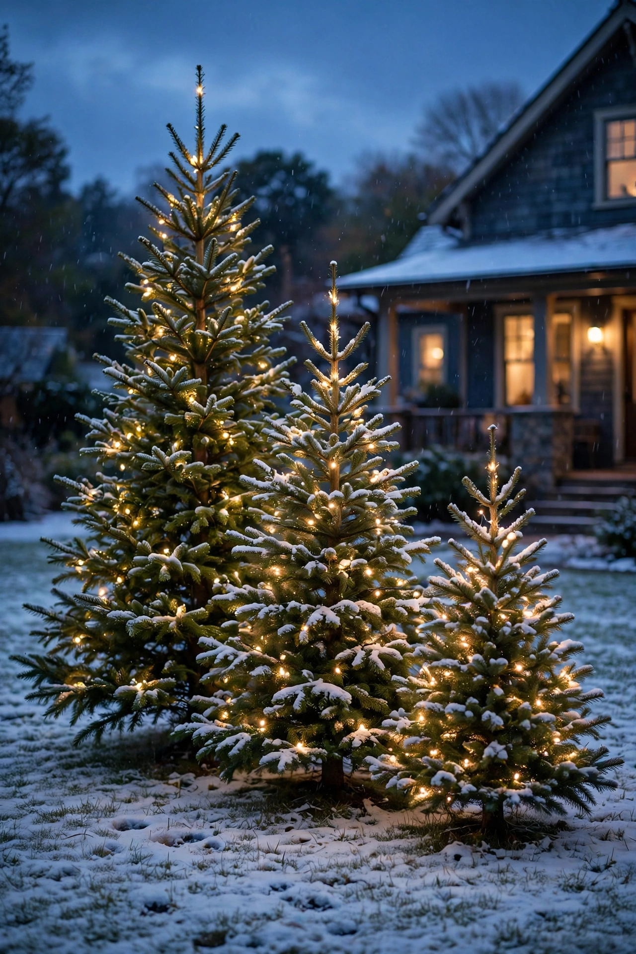 Three outdoor Christmas trees of different heights glowing with warm lights on a snowy lawn