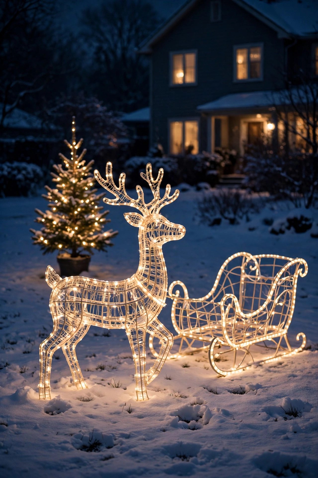 Lighted reindeer and sleigh Christmas yard decor glowing on a snowy front lawn at night