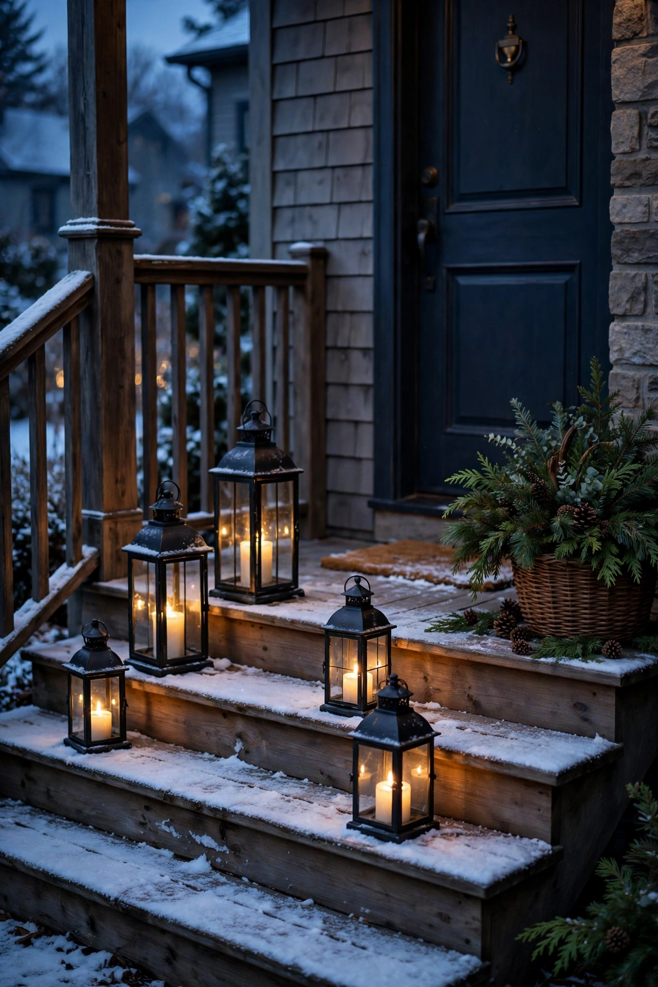 Front porch with black lanterns, glowing faux candles and Christmas greenery at dusk