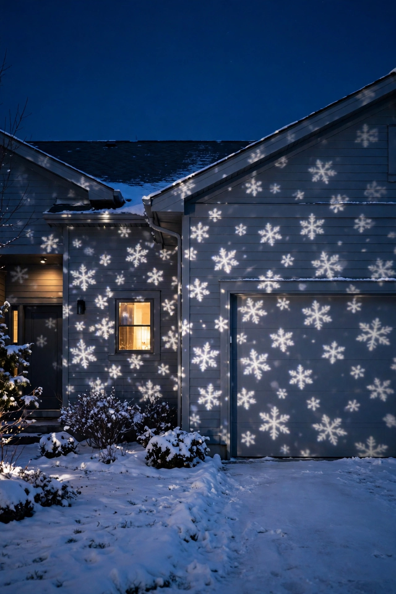 Christmas snowflake projection lights dancing across the front of a house at night