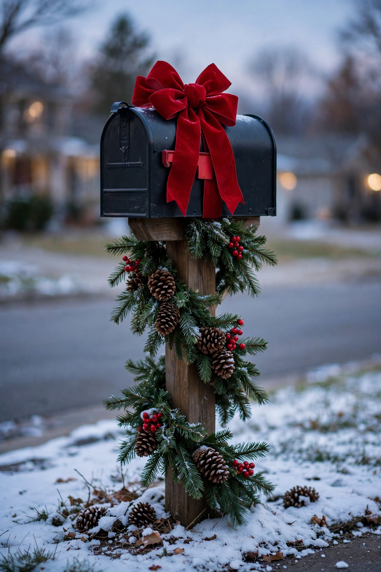 Mailbox decorated with evergreen garland, pinecones and a big red bow for Christmas
