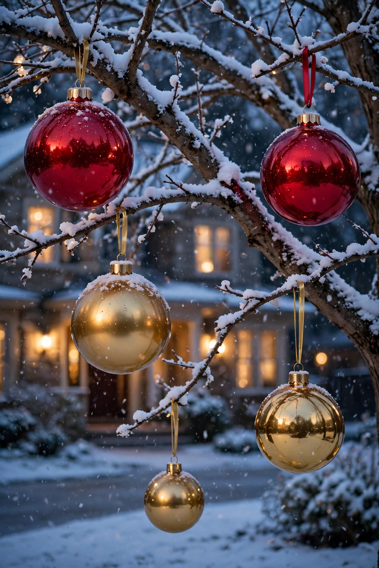Oversized red and gold Christmas ornaments hanging from a snowy tree in the front yard