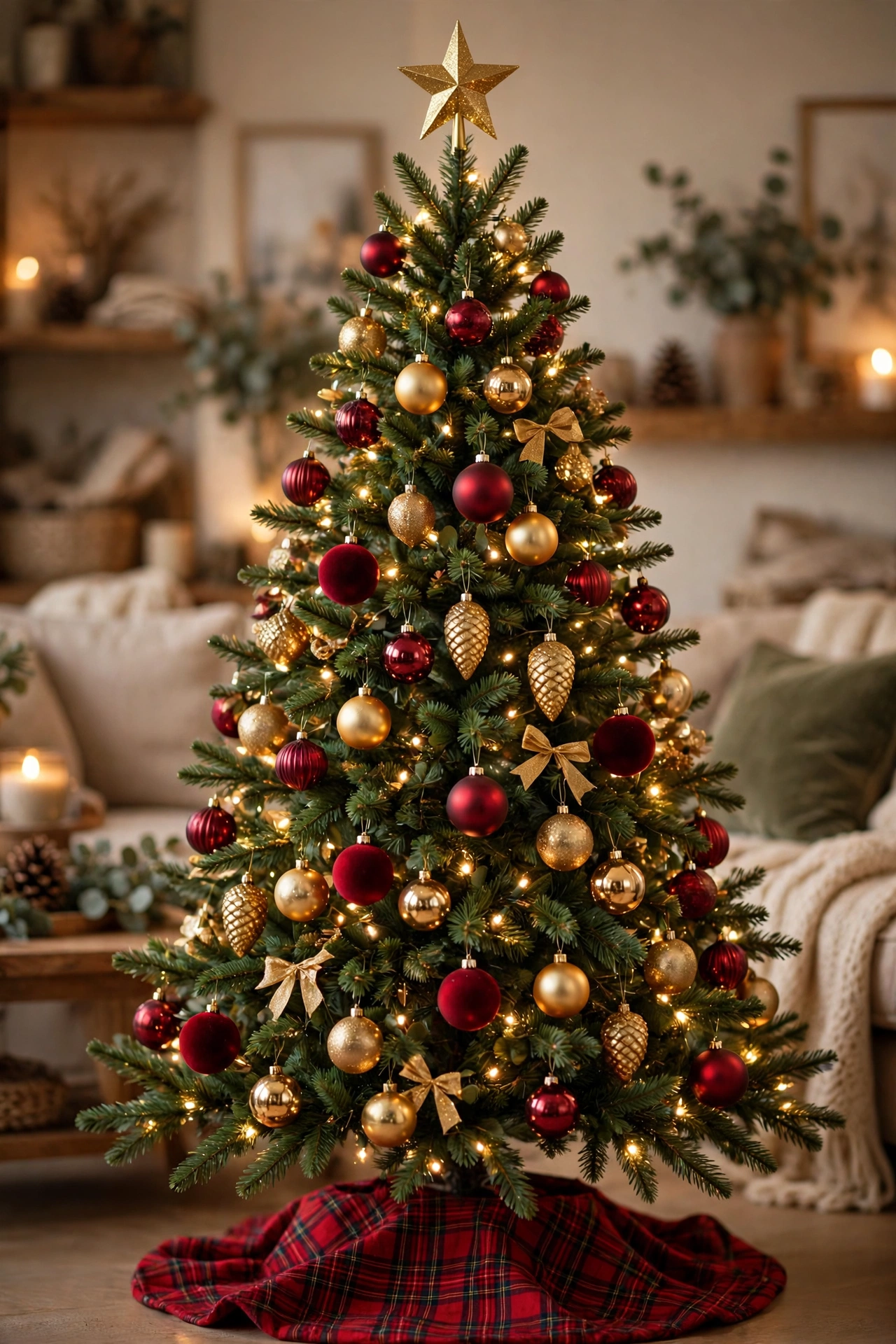 Classic decorated Christmas tree with red and gold ornaments, warm white lights and a gold star topper in a cozy living room