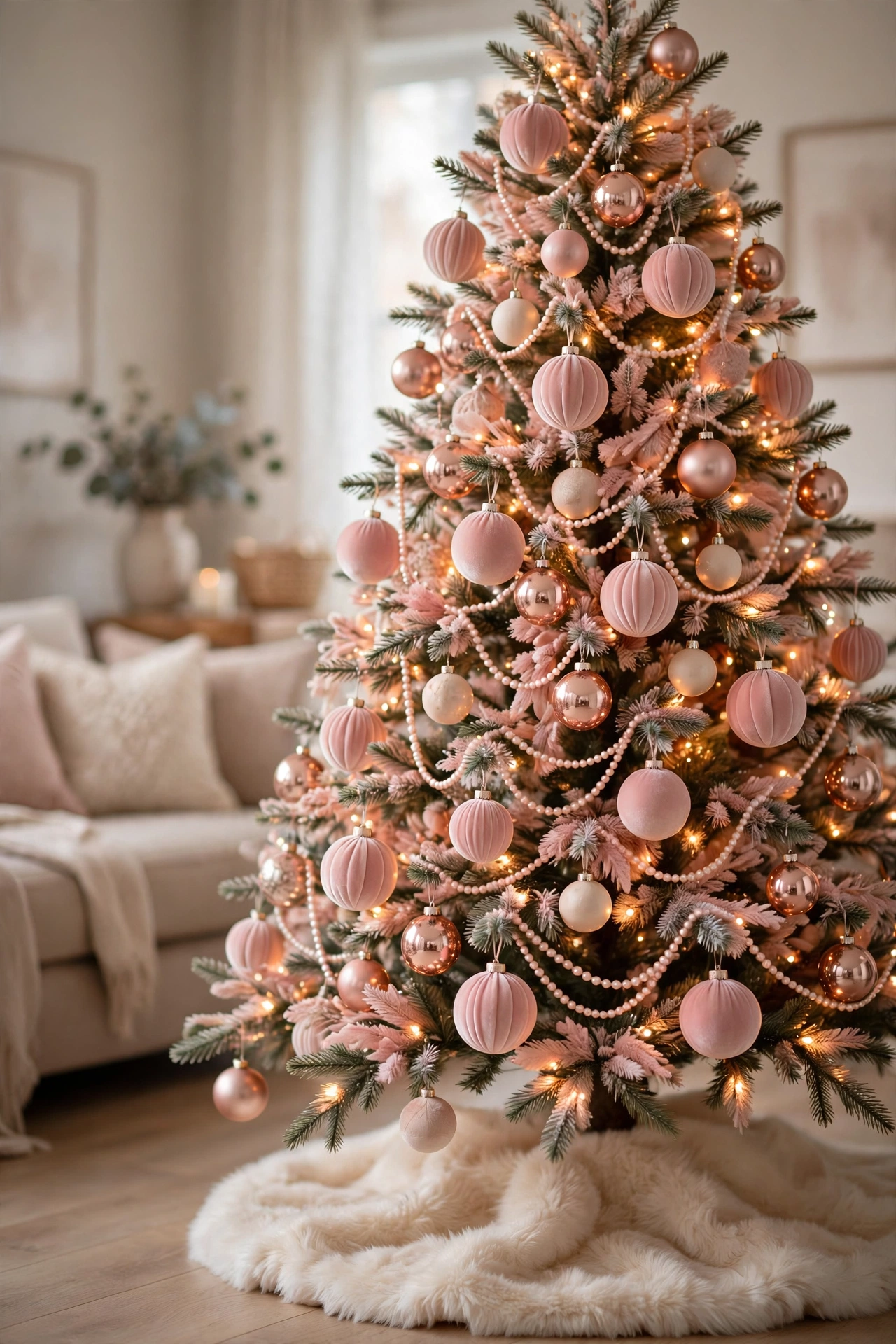 Blush pink and rose gold Christmas tree decorating with soft romantic ornaments and warm lights