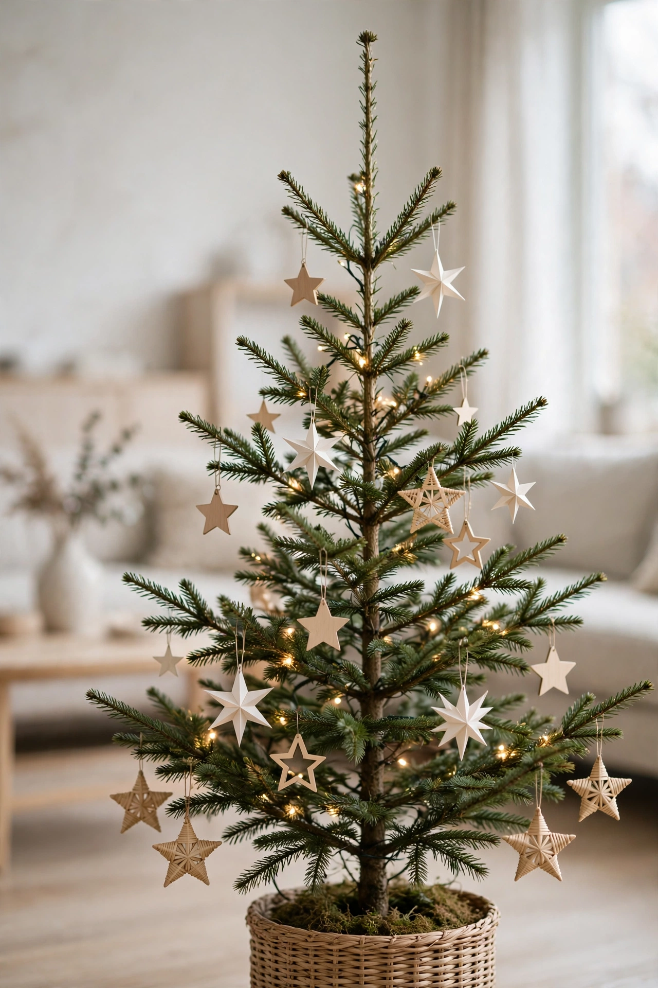 Minimalist Scandinavian Christmas tree with sparse warm white lights and simple neutral ornaments