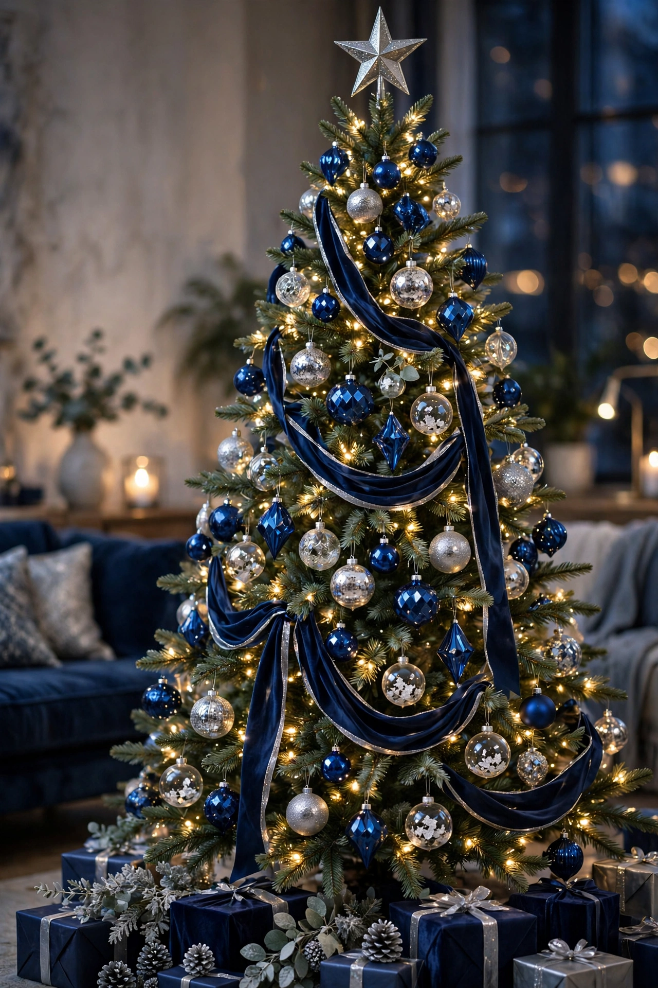 Blue and silver Christmas tree with sapphire jewel tone ornaments and silver ribbon