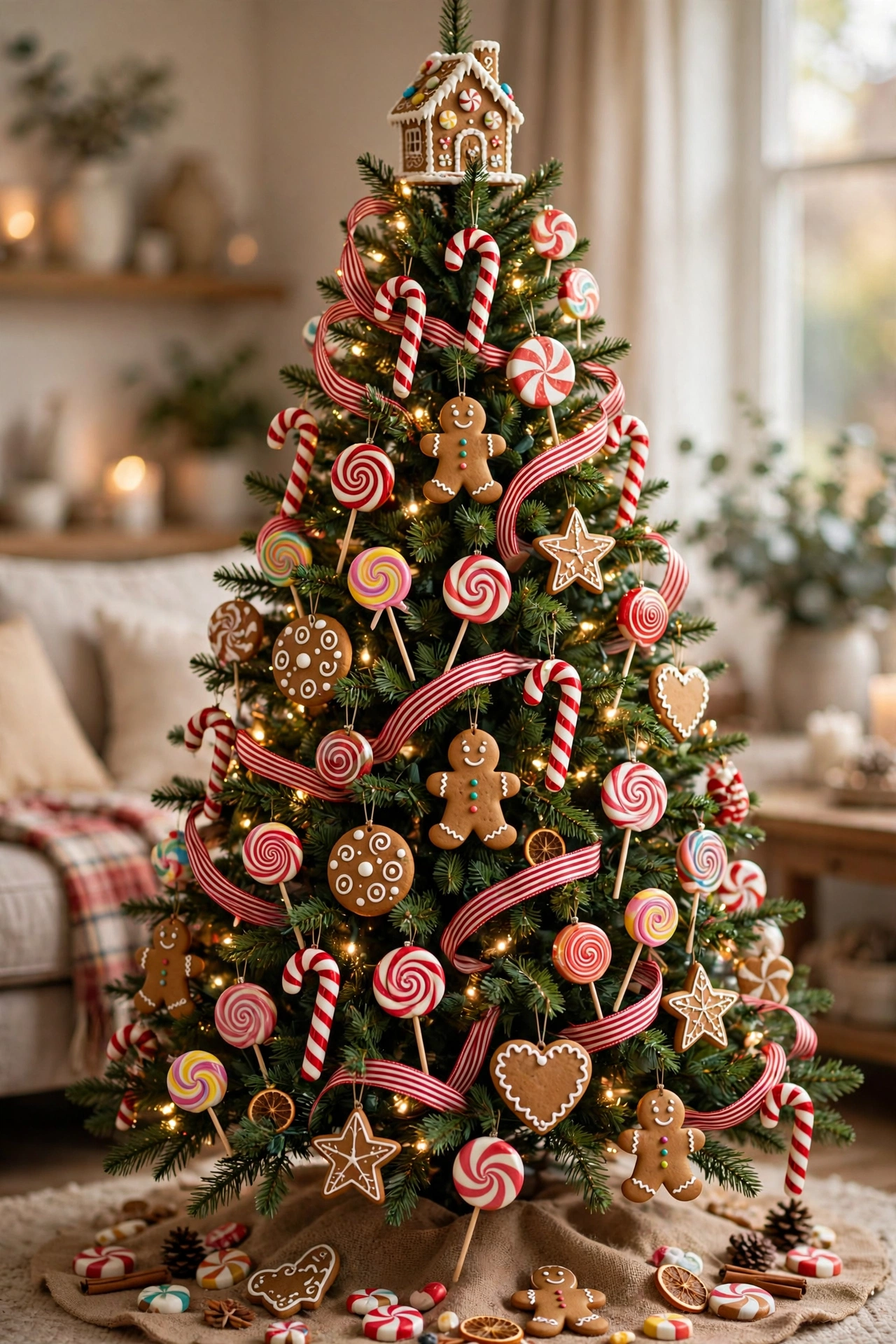 Gingerbread and candy themed Christmas tree decorating with candy ornaments and red and white striped ribbon for kids