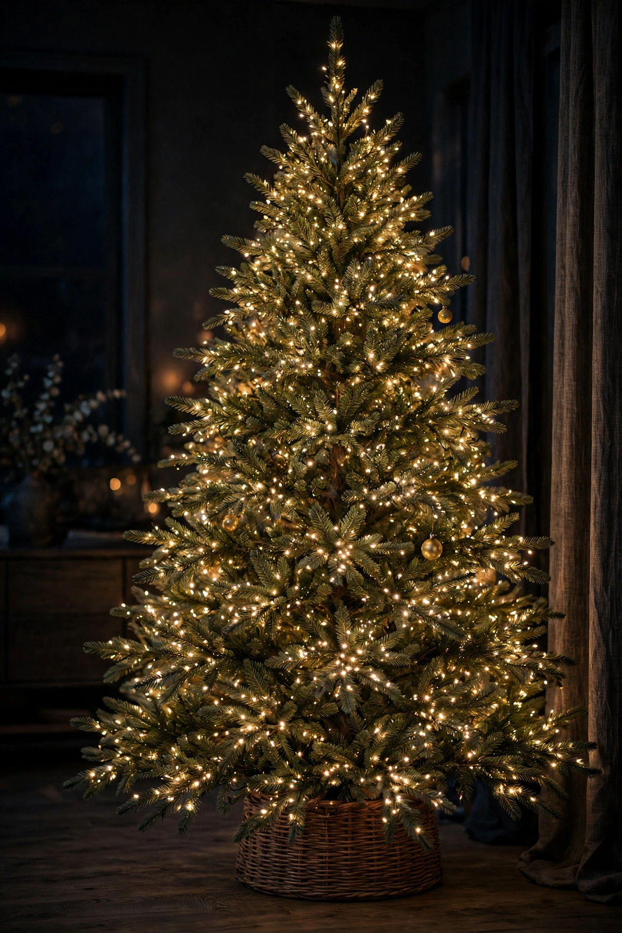 Christmas tree with layered warm white lights woven deep into the branches for a professional glow