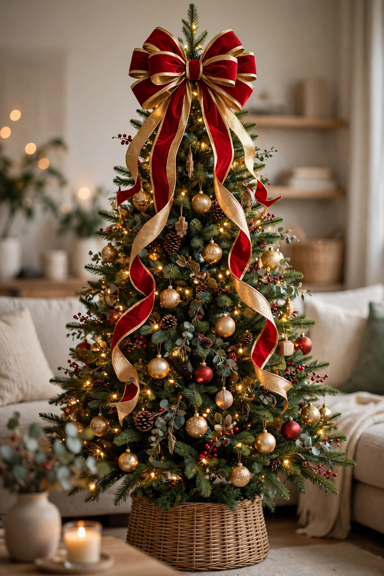 Christmas tree with a statement bow topper and woven basket tree collar at the base
