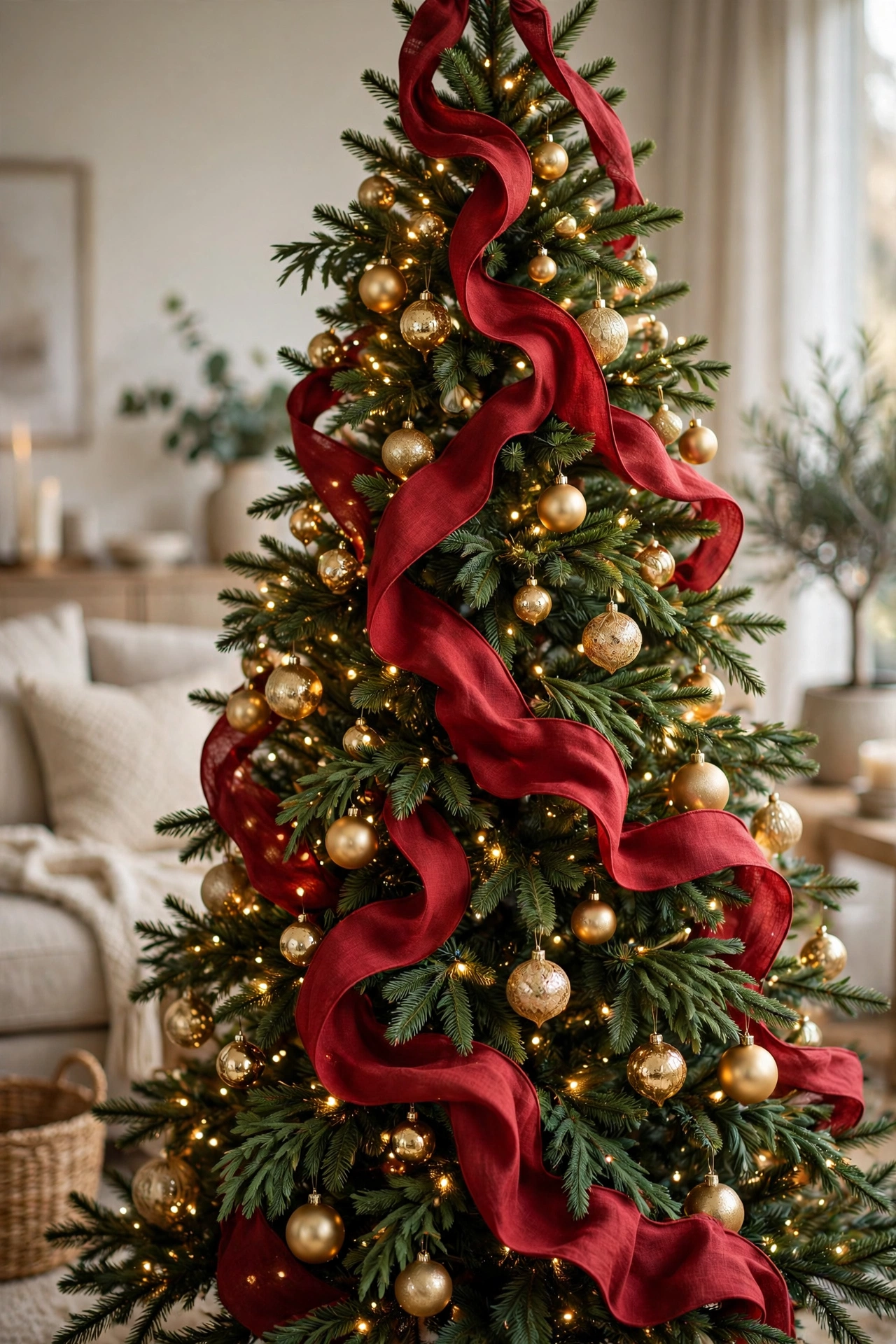 Christmas tree decorating with wide ribbon cascading vertically down a green tree with gold ornaments