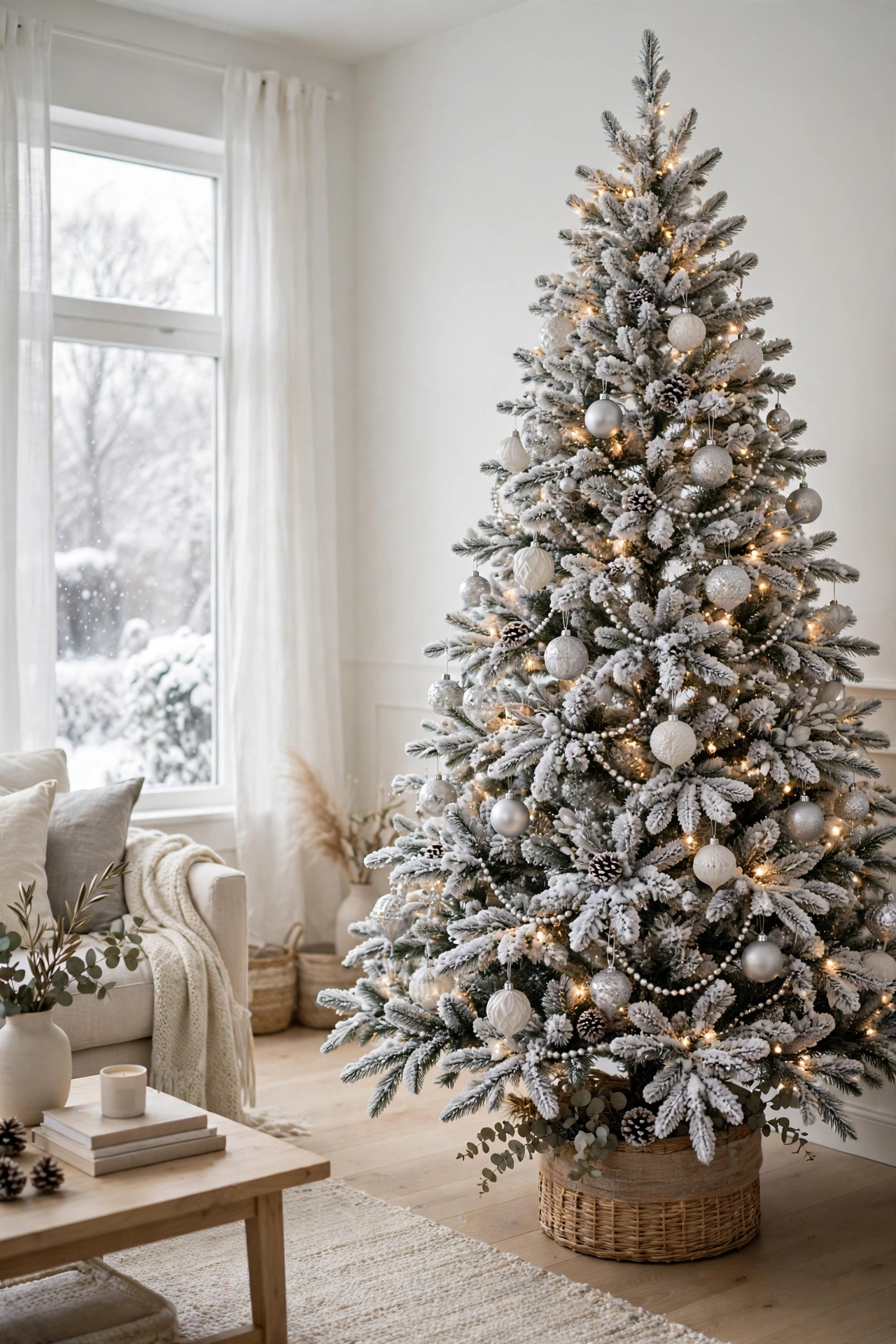 Flocked Christmas tree with snowy white branches, silver ornaments and soft white lights in a bright living room