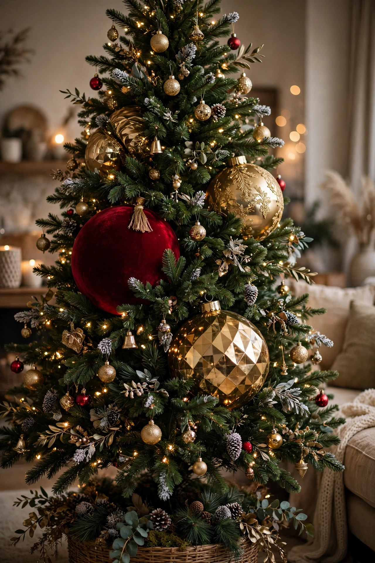 Christmas tree with oversized statement ornaments in red and gold for a dramatic designer look