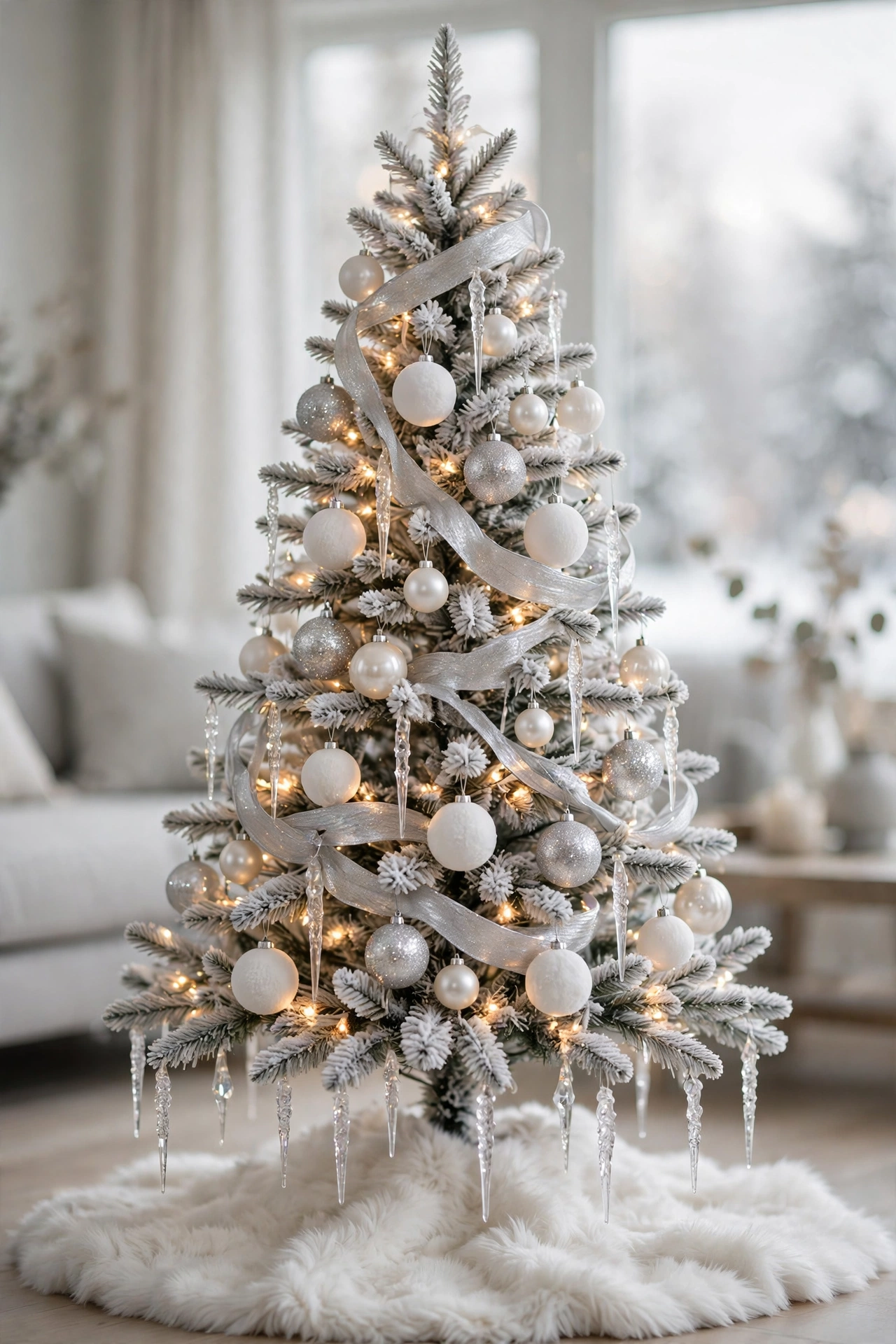 White and silver Christmas tree decorating ideas with icy ornaments, crystal garland and cool winter glow