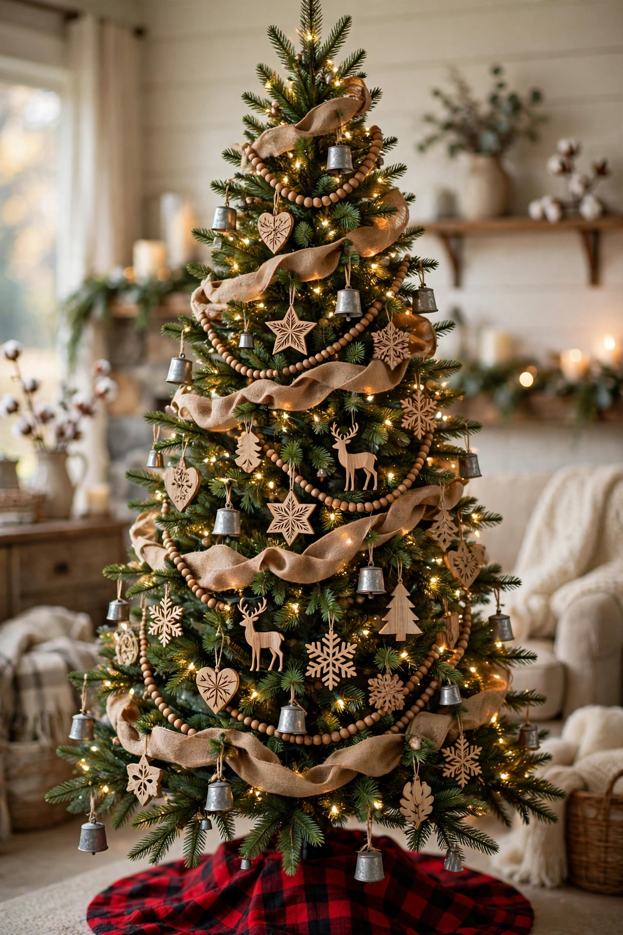 Rustic farmhouse Christmas tree with burlap garland, wooden ornaments, galvanized accents and a plaid tree skirt