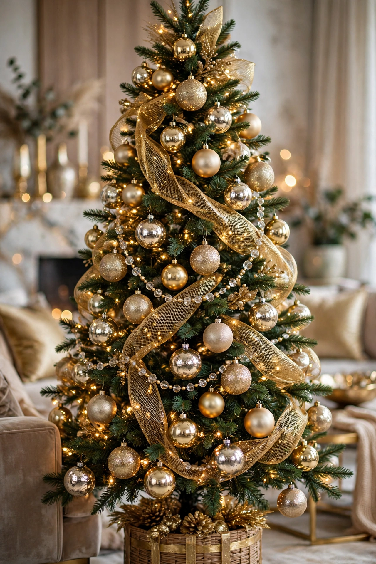 Glam Christmas tree decorated with metallic gold and champagne ornaments and shimmering ribbon