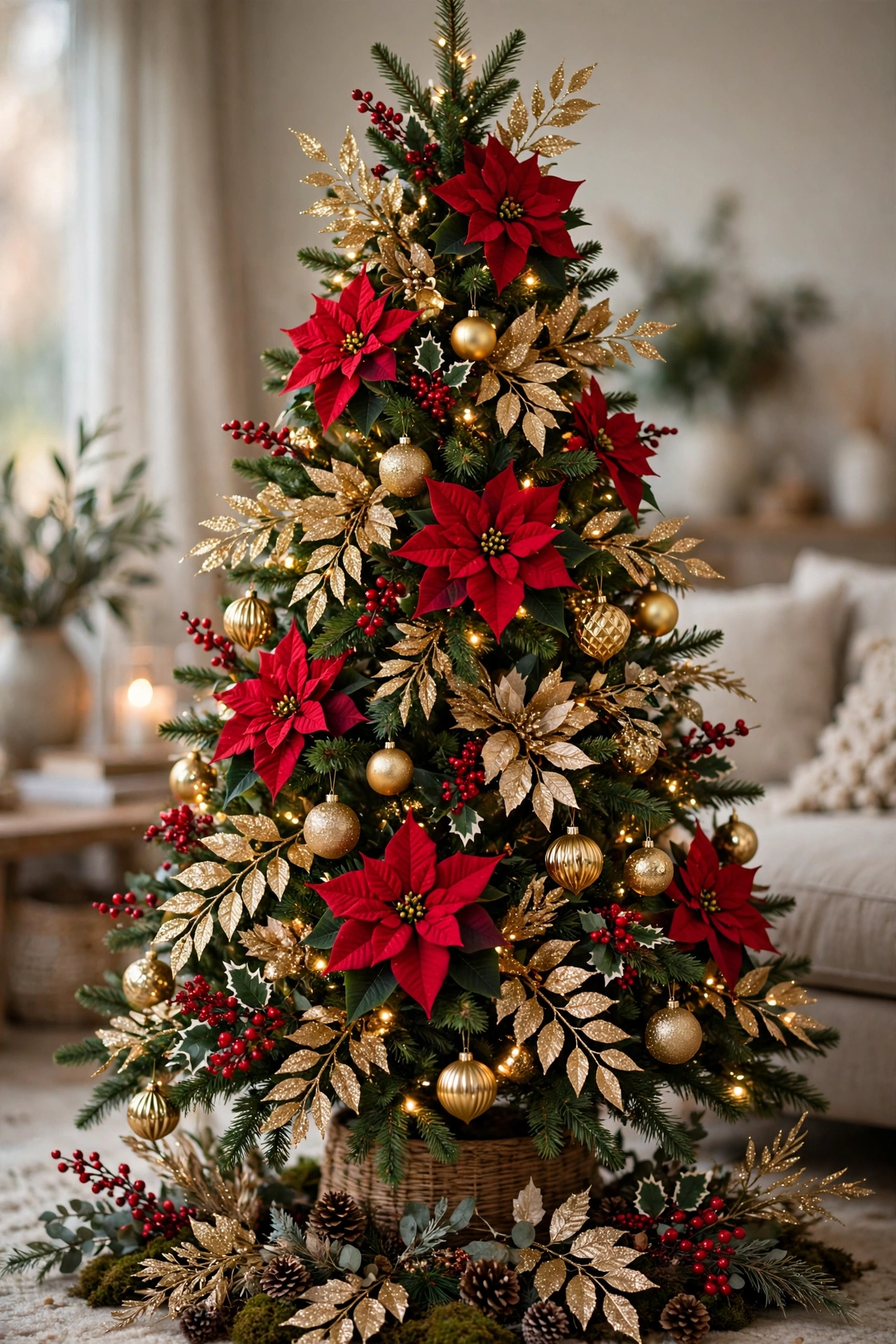 Christmas tree decorated with poinsettia picks, gold floral sprays and berries tucked into the branches