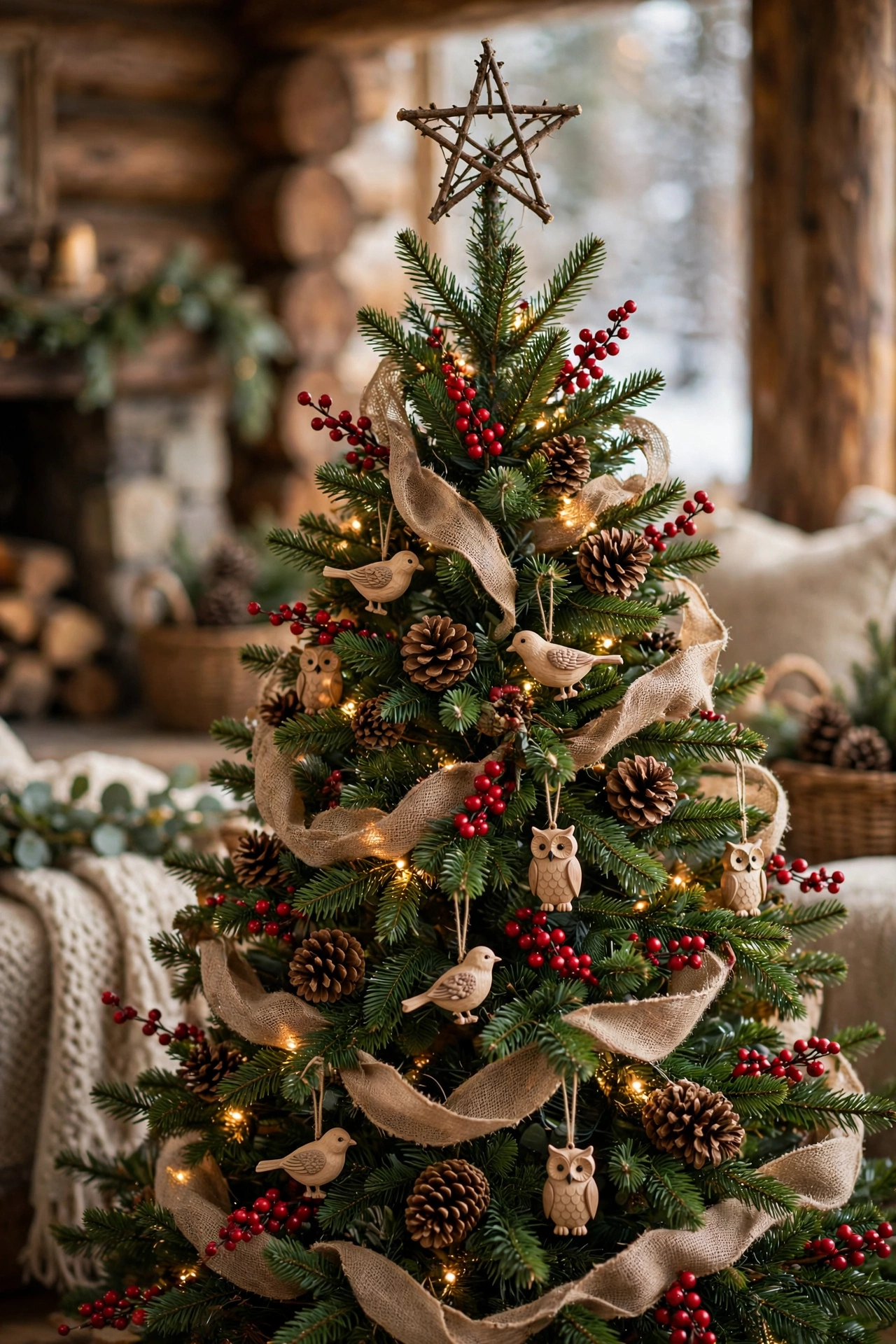 Woodland Christmas tree decorated with pinecones, red berries, burlap and small bird ornaments