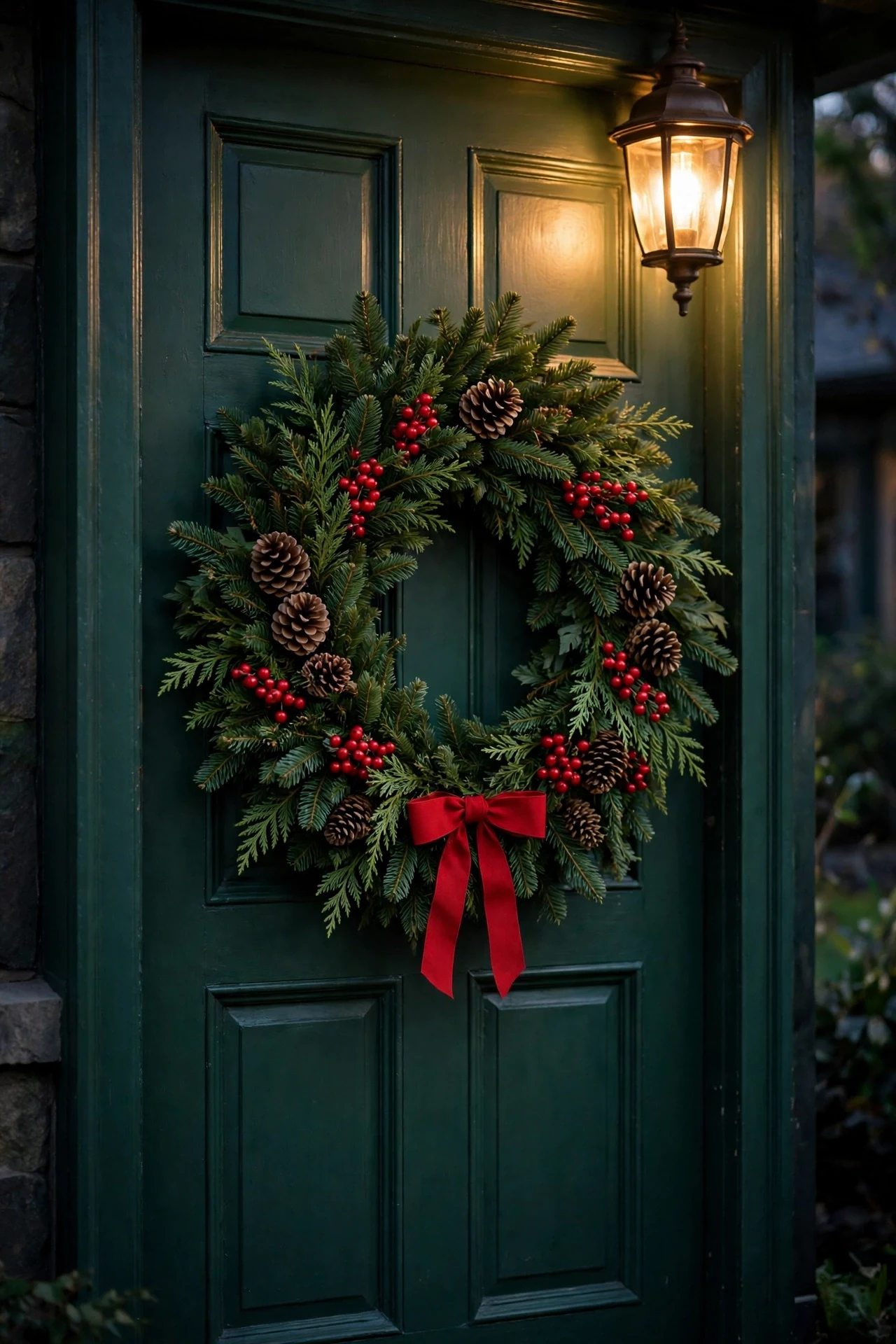 Classic evergreen Christmas wreath with red berries and pinecones on a deep green front door