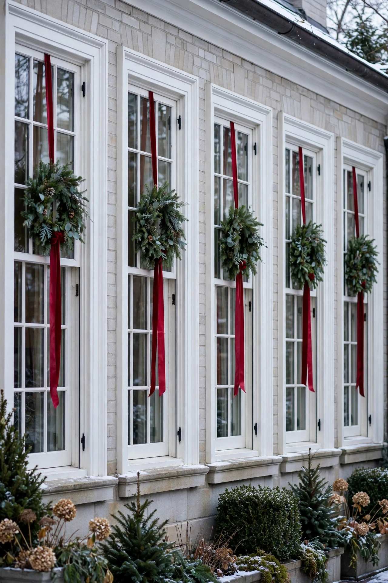 Row of windows dressed with small Christmas wreaths hung on long red ribbon sashes
