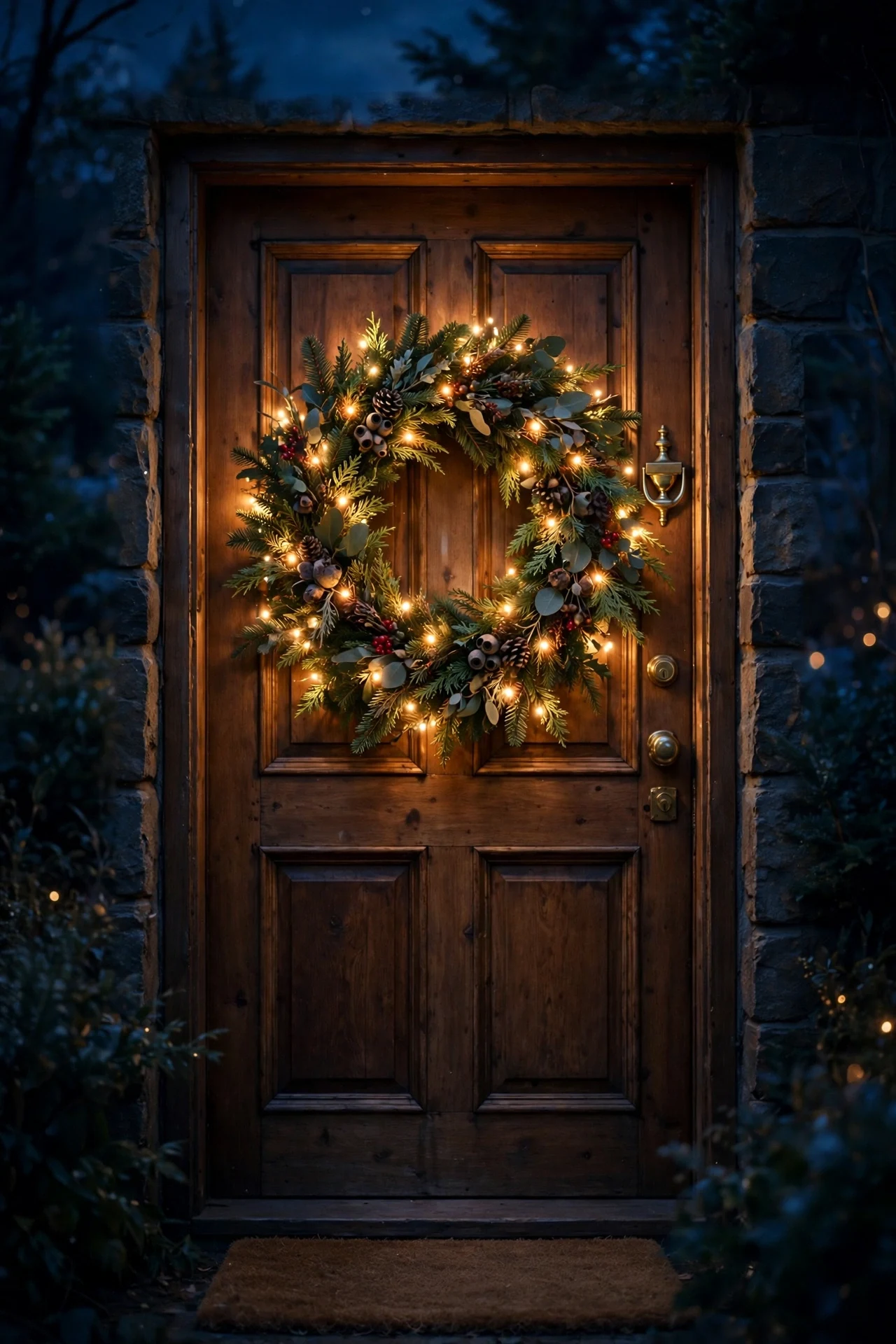 Twinkling LED fairy-light Christmas wreath glowing on a front door at night