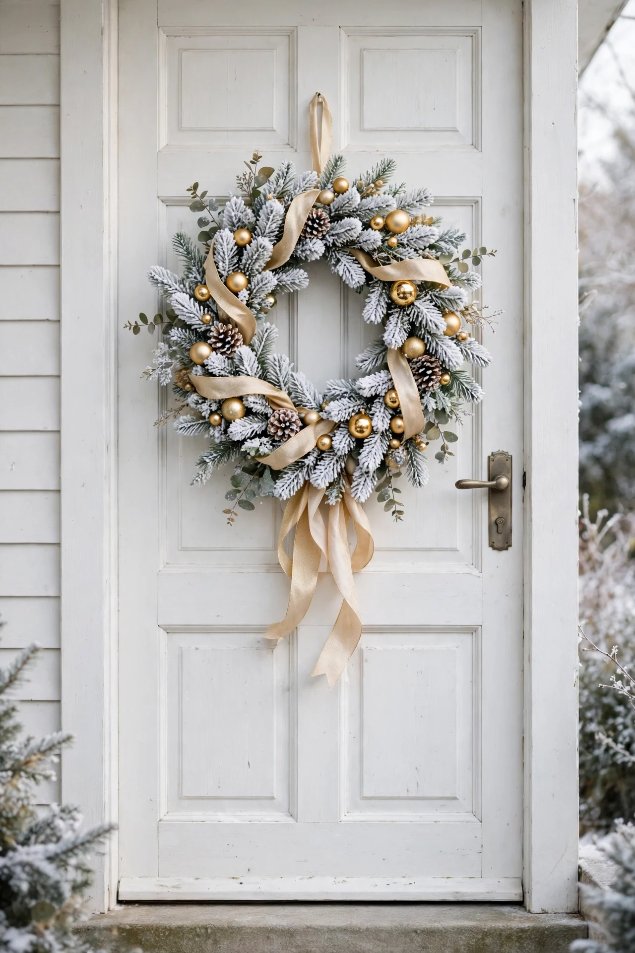 Flocked white Christmas wreath with gold ornaments and champagne ribbon on a white farmhouse door