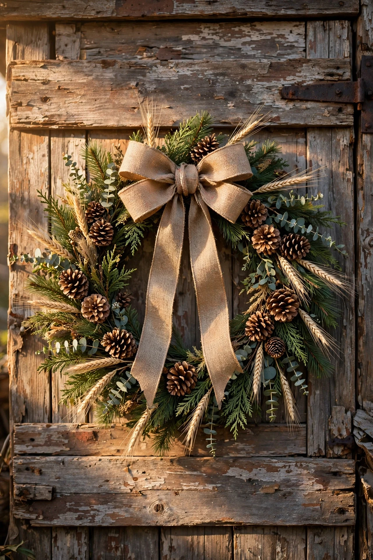 Rustic pinecone and burlap Christmas wreath with natural greenery on a wooden barn door