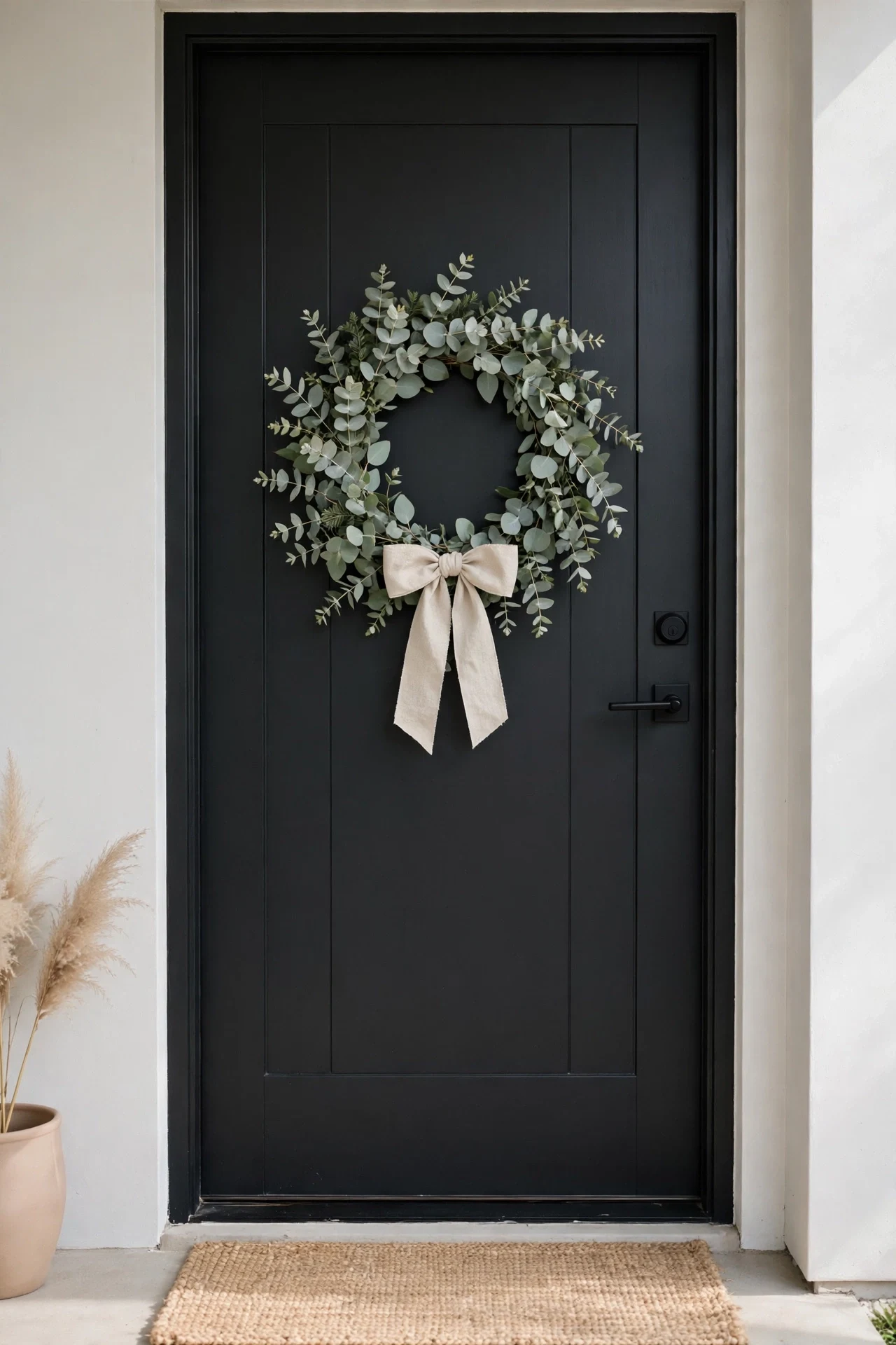 Minimalist eucalyptus Christmas wreath with a simple linen bow on a modern black front door