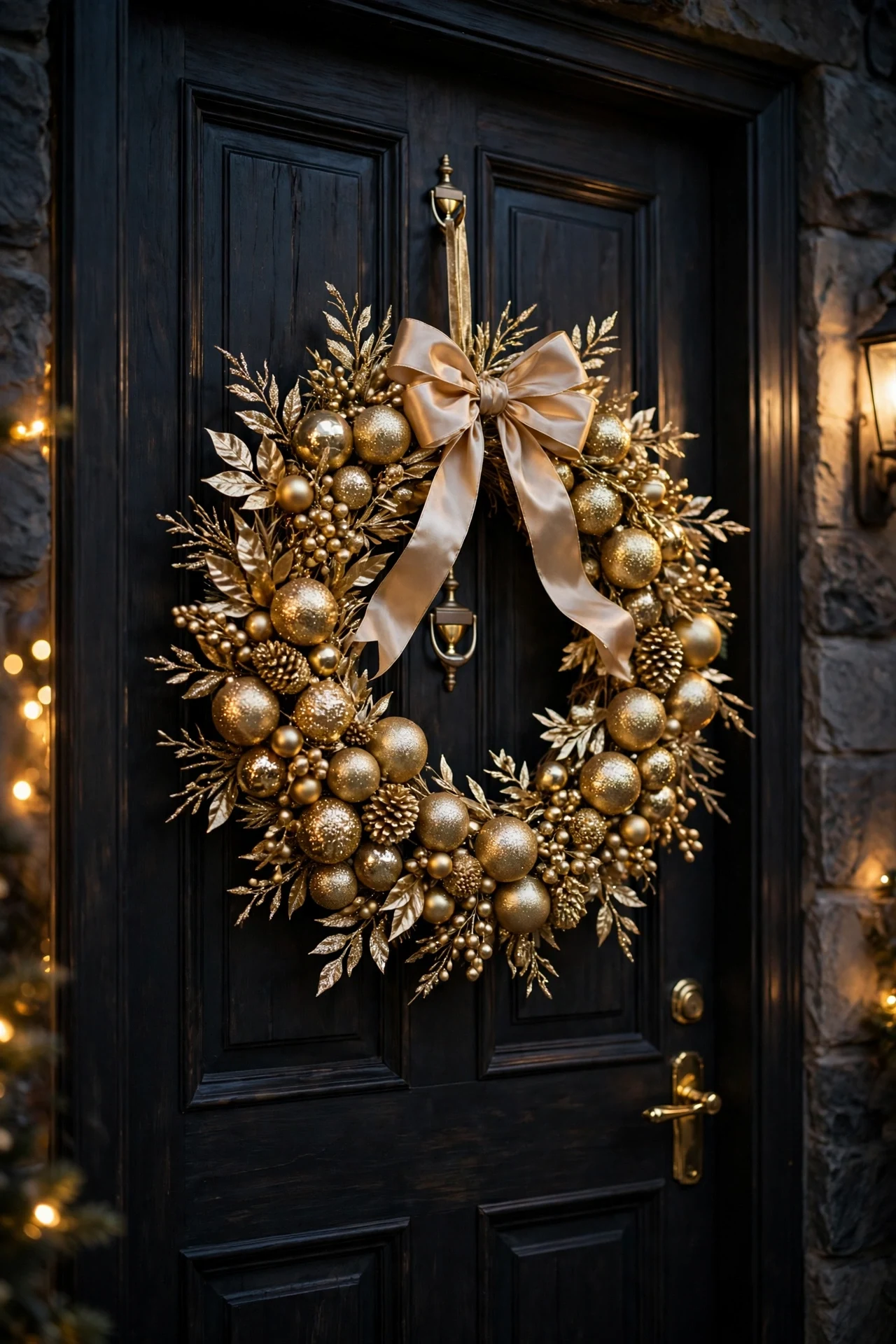 Glam gold Christmas wreath with metallic ornaments and glitter branches on an elegant dark door